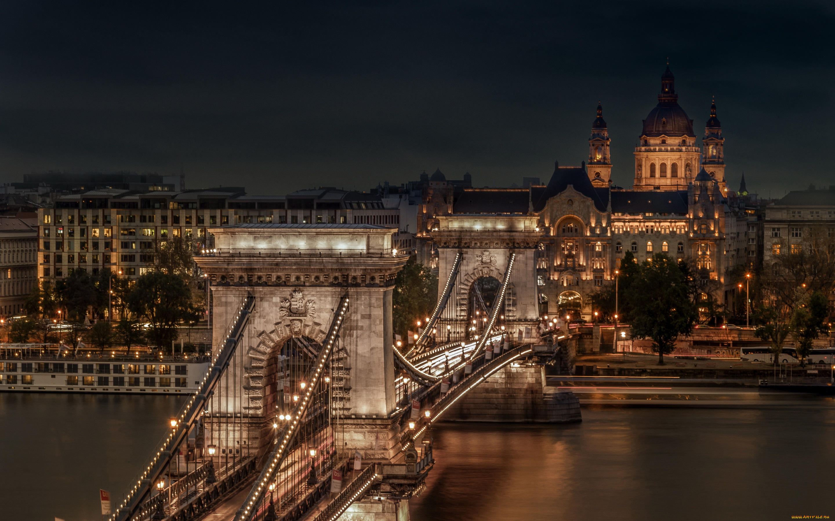 города, будапешт, , венгрия, река, мост, вечер, огни