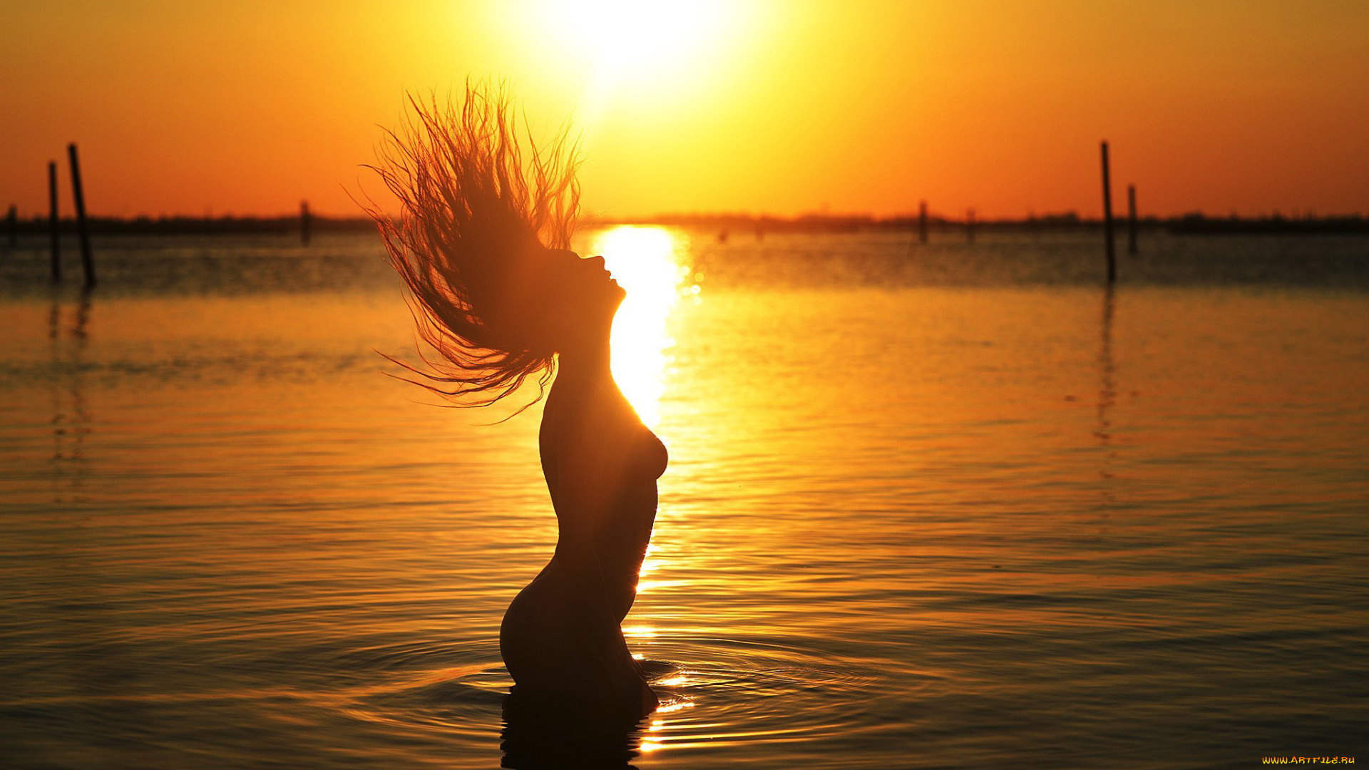 девушки, -, креатив, , косплей, силуэт, водоем, закат, девушка