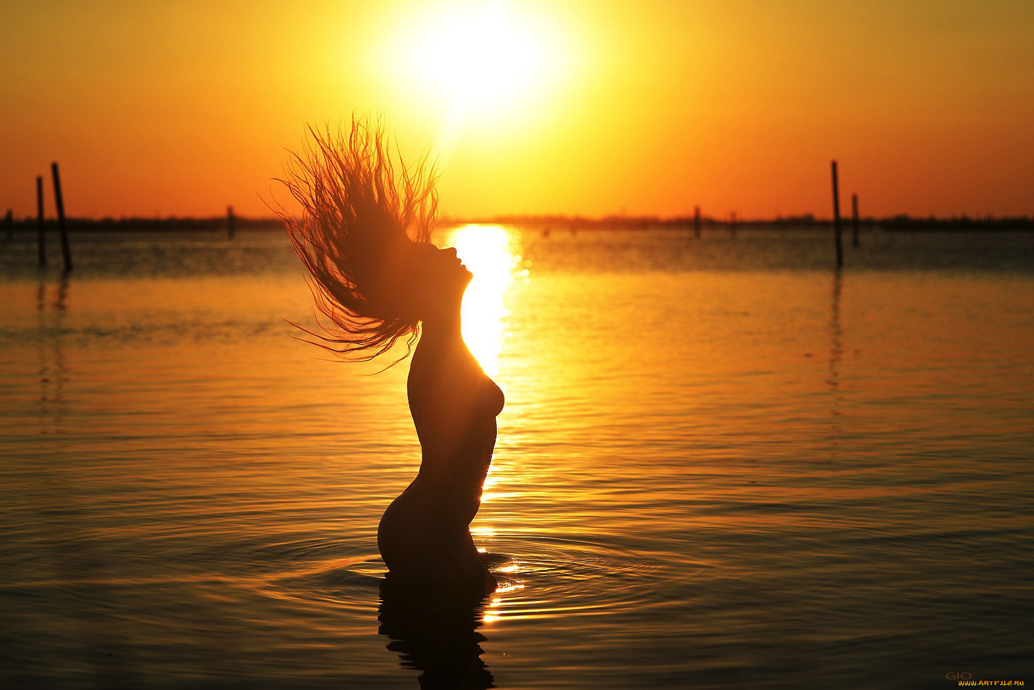 девушки, -, креатив, , косплей, силуэт, водоем, закат, девушка