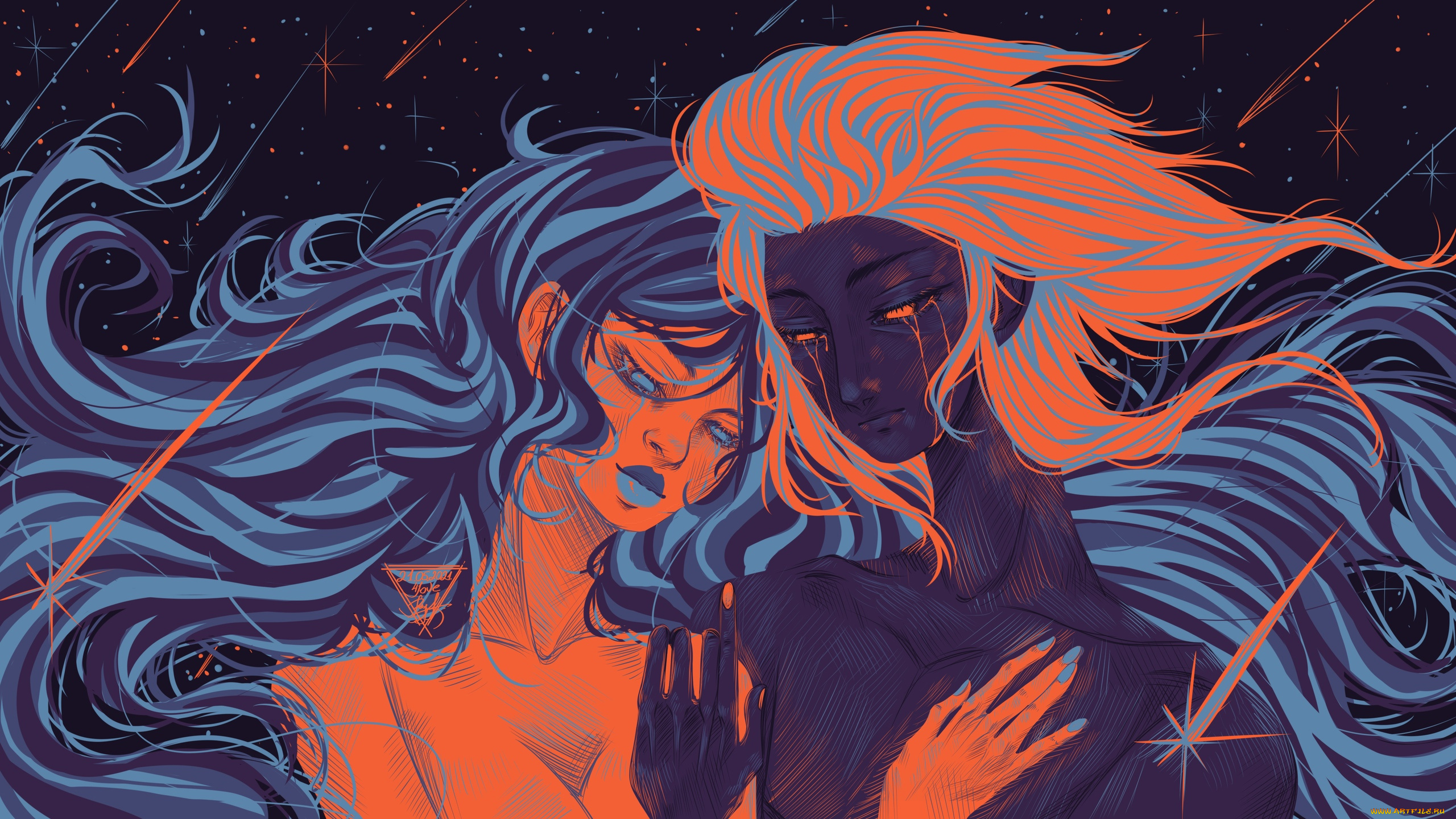 рисованное, люди, пара, звезды