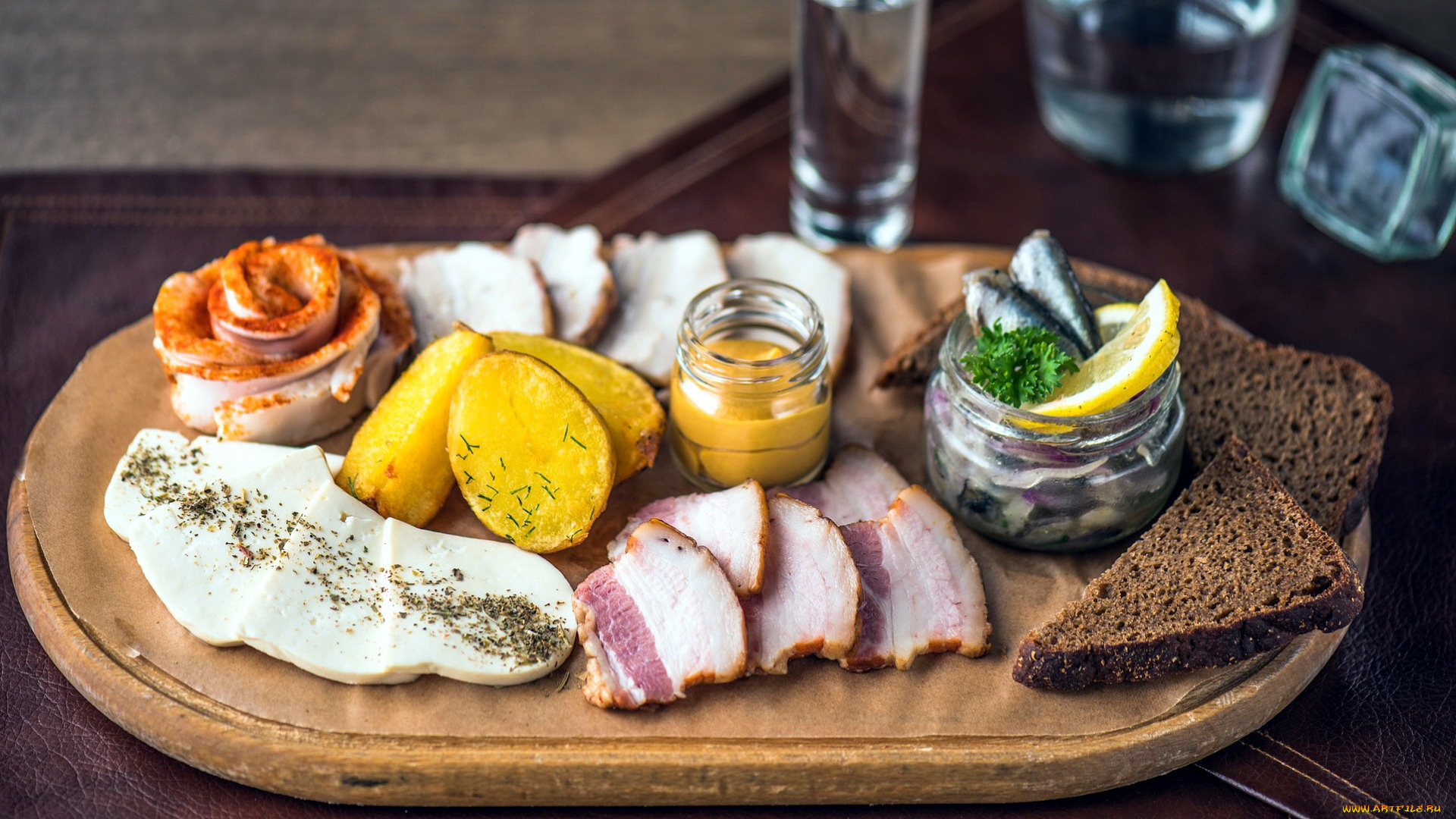 еда, разное, сало, картошка, хлеб, селедка