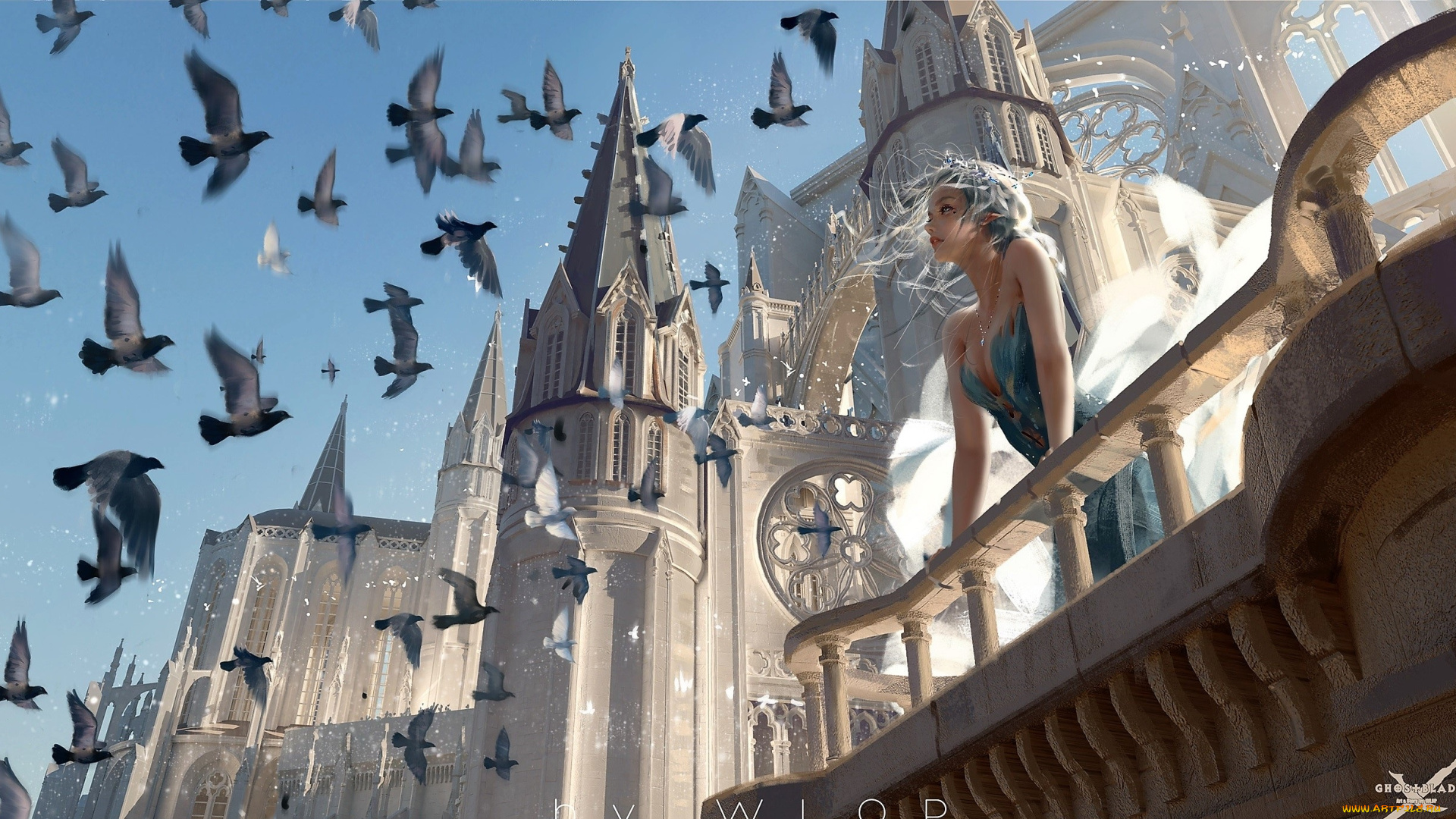 фэнтези, _ghost, blade, , , призрачный, клинок, эльфийка, дворец, птицы