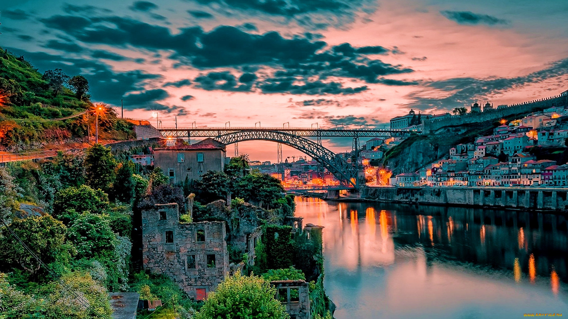 города, порту, , португалия, река, мост, закат