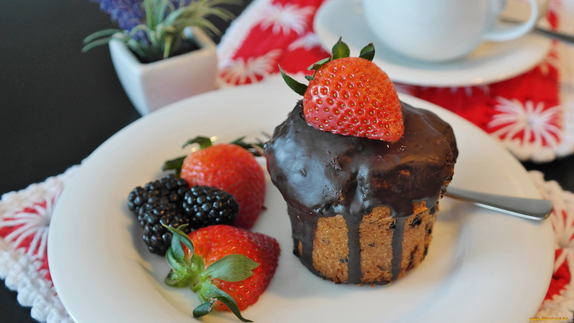 еда, пирожные, , кексы, , печенье, ягоды, кекс, шоколадная, глазурь, ежевика, клубника