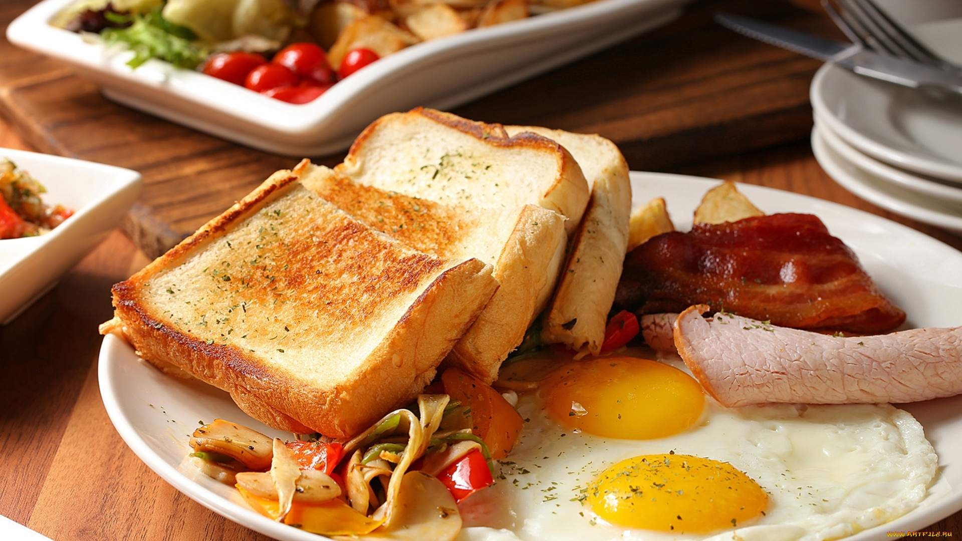 еда, яичные, блюда, яичница, глазунья, бекон, тосты
