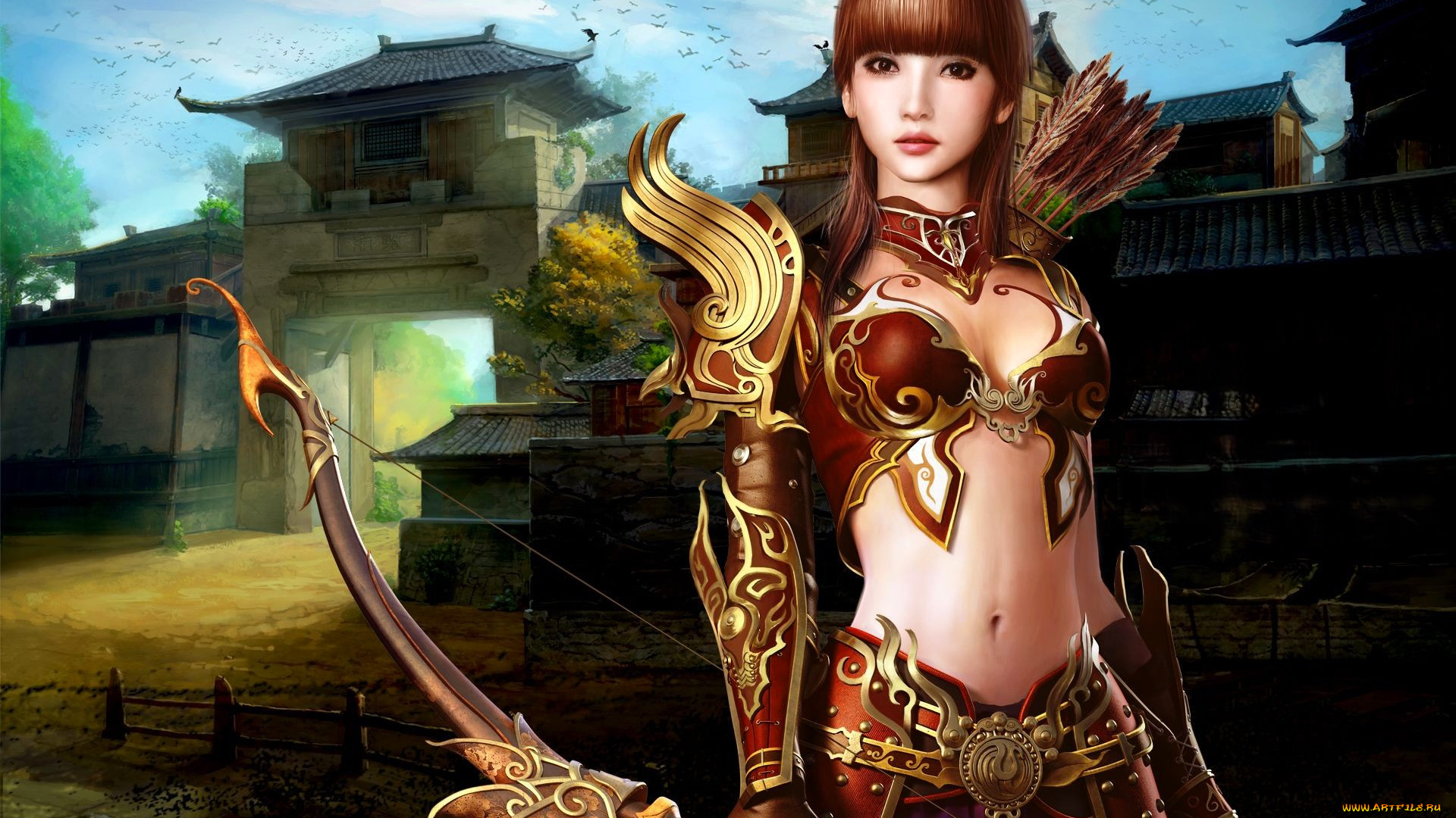 видео, игры, red, cliff, девушка, наряд, стрелы, лук, крепость