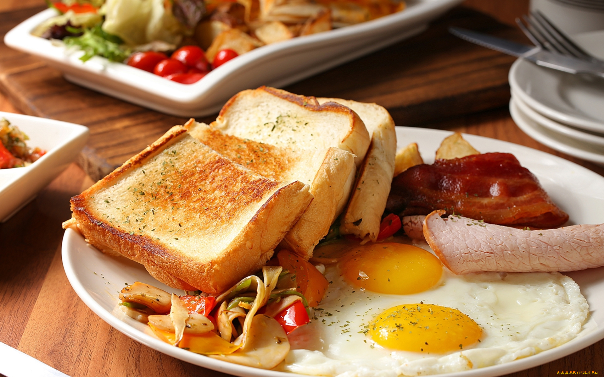 еда, яичные, блюда, яичница, глазунья, бекон, тосты