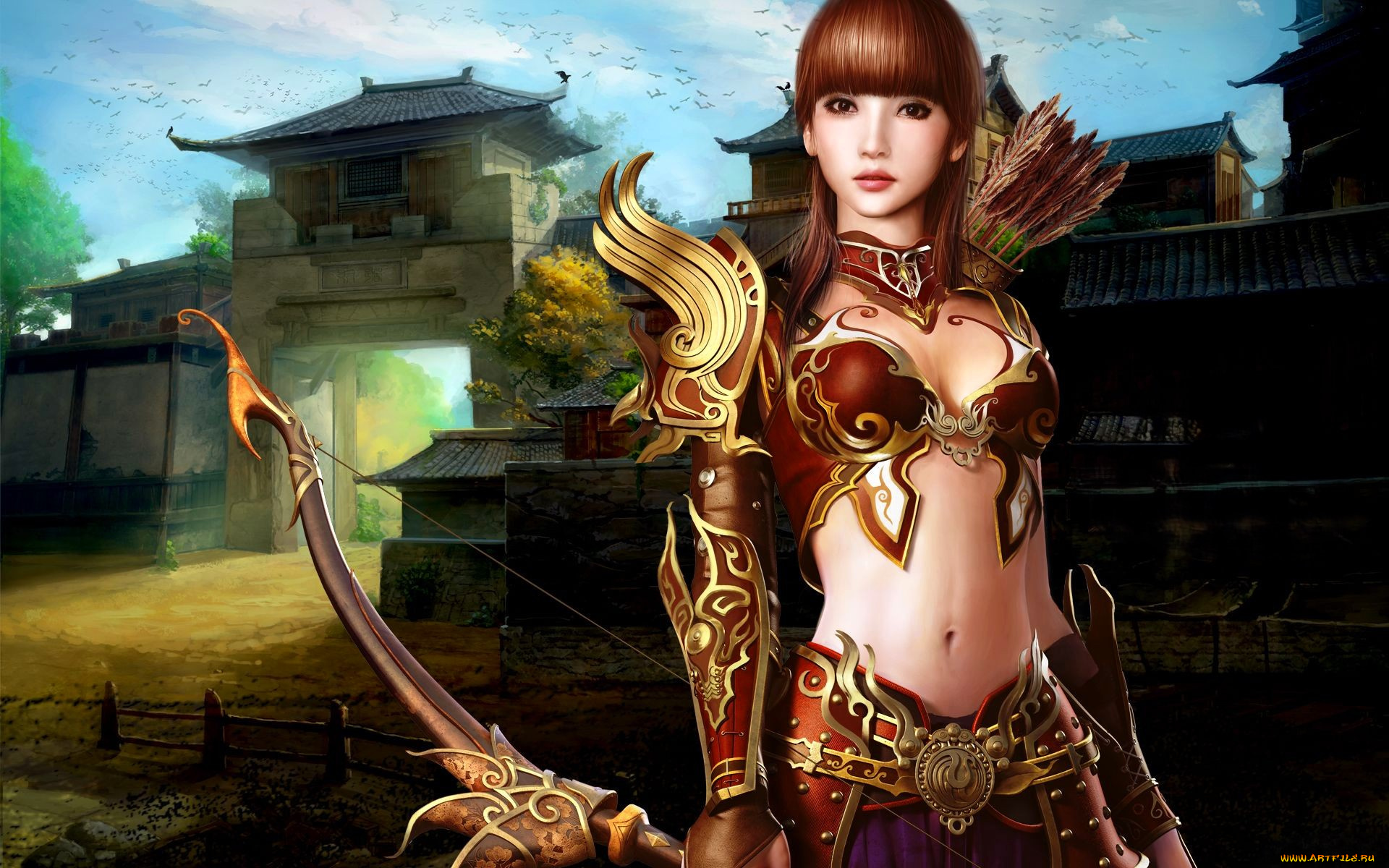 видео, игры, red, cliff, девушка, наряд, стрелы, лук, крепость