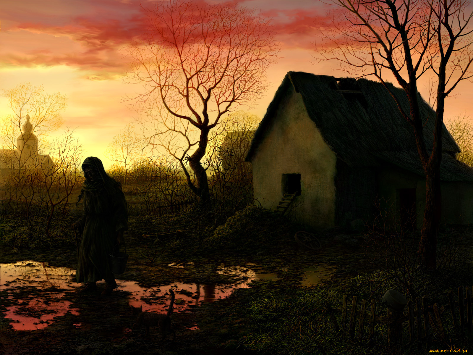 хозяйство, рисованные, люди, хижина