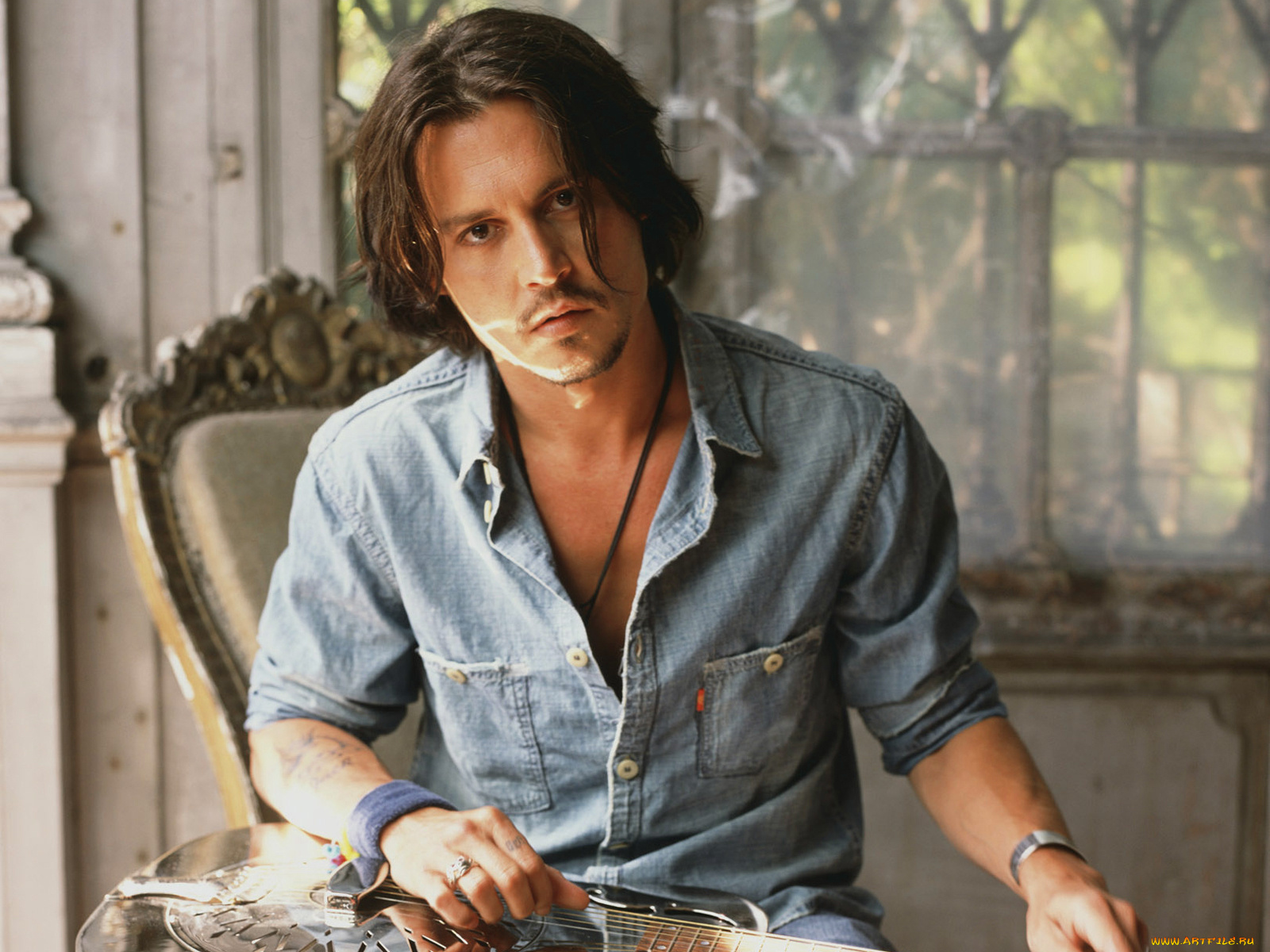 мужчины, johnny, depp, гитара, джинсовая, рубашка
