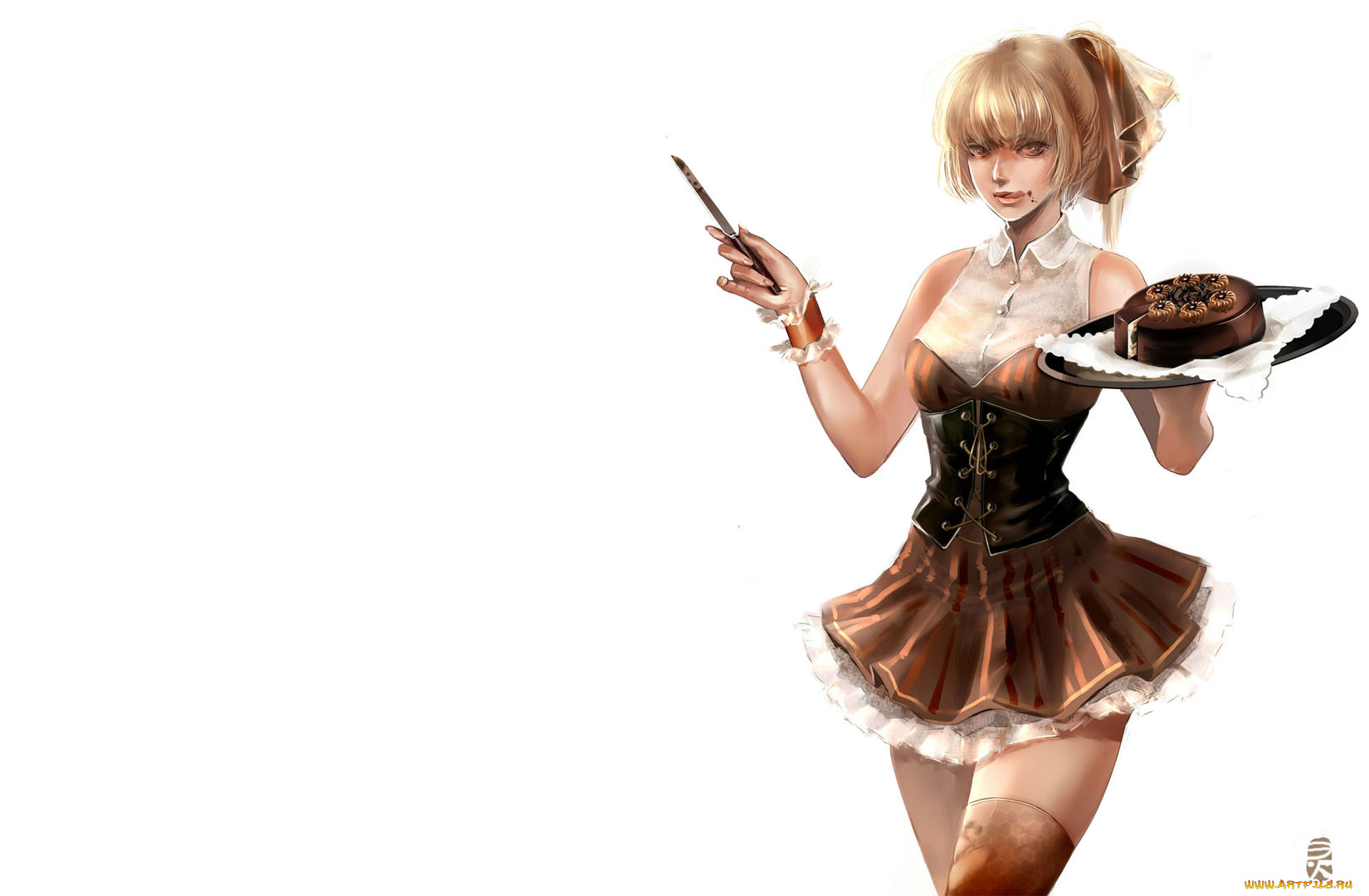 девушка, тортом, рисованные, люди, шоколад, торт, блондинка, готовка, короткая, юбка