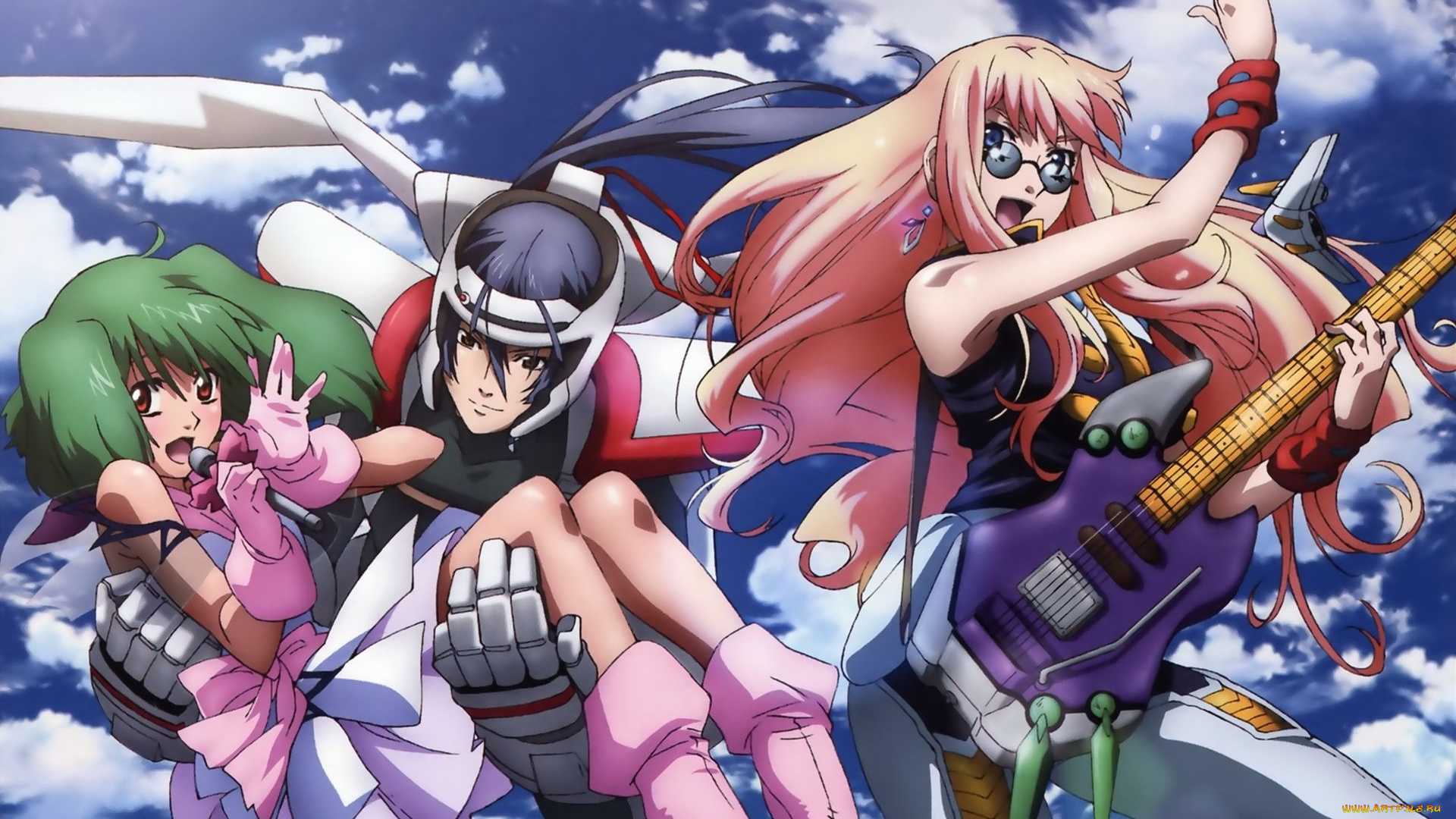 аниме, macross, frontier, девушки, гитара