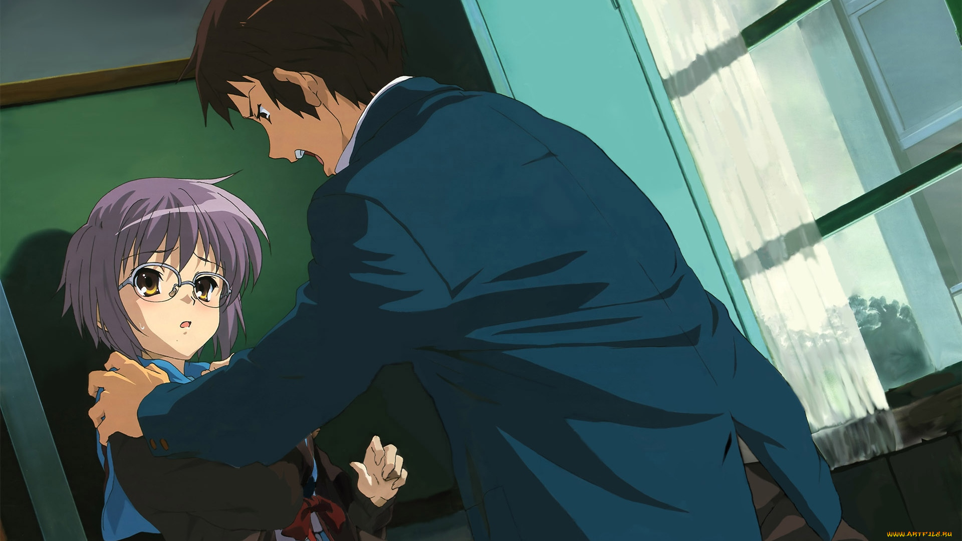 аниме, the, melancholy, of, haruhi, suzumiya, мальчик, окно, девушка