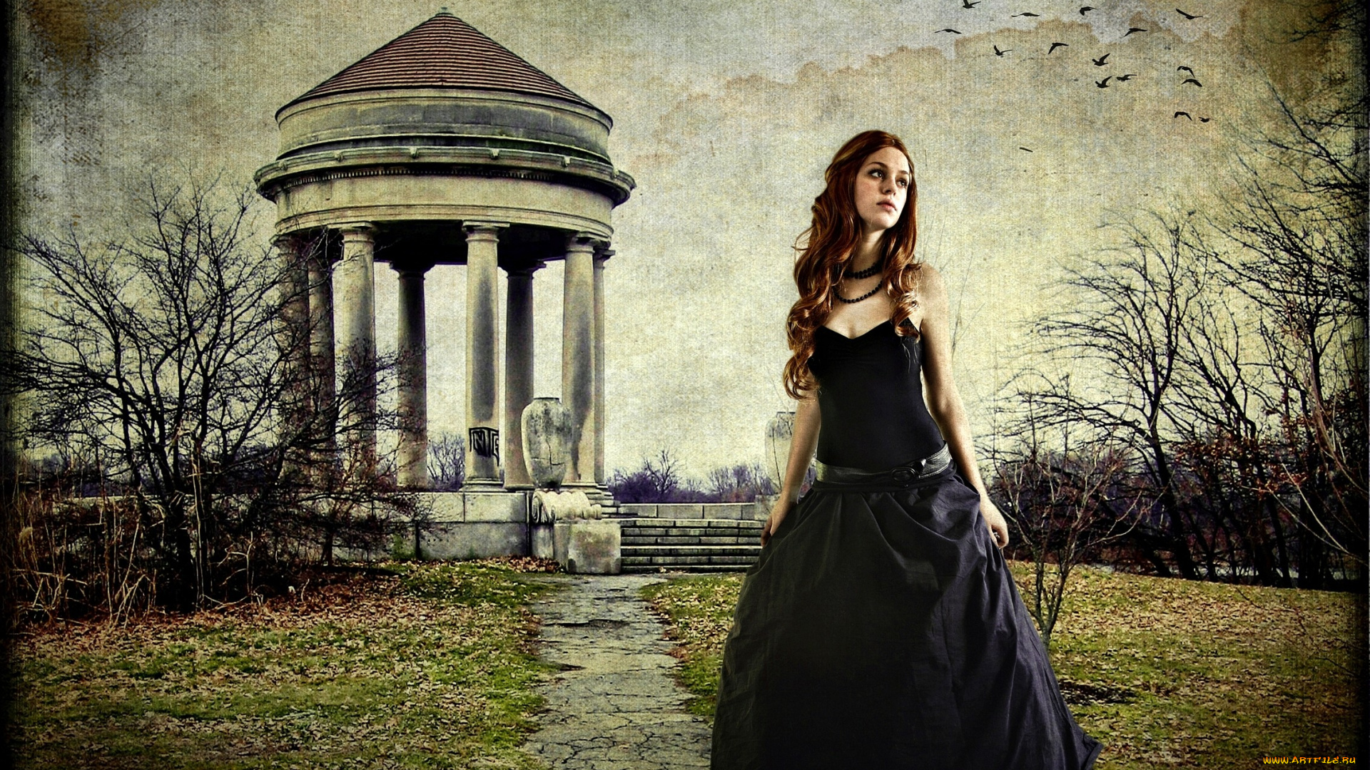 фэнтези, девушки, беседка, птицы, черное, платье