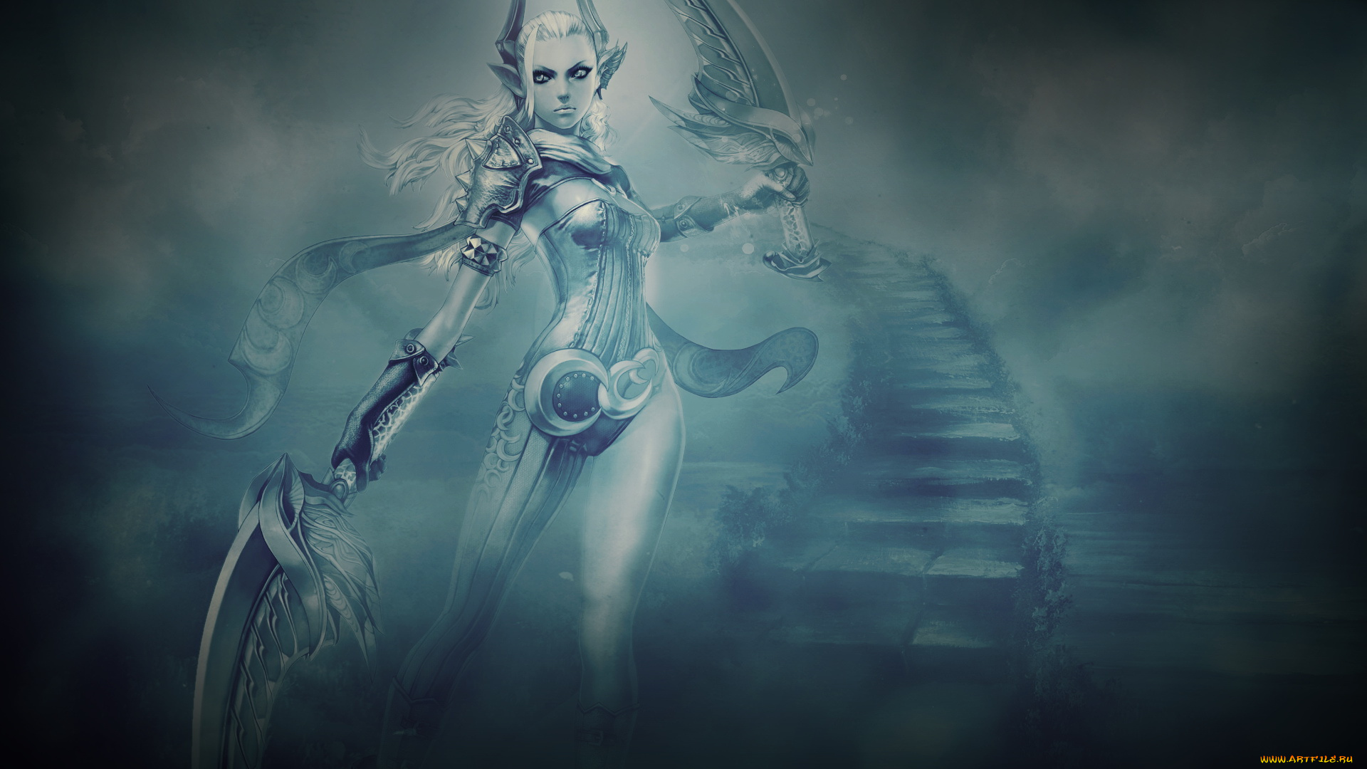 фэнтези, эльфы, лестница, меч