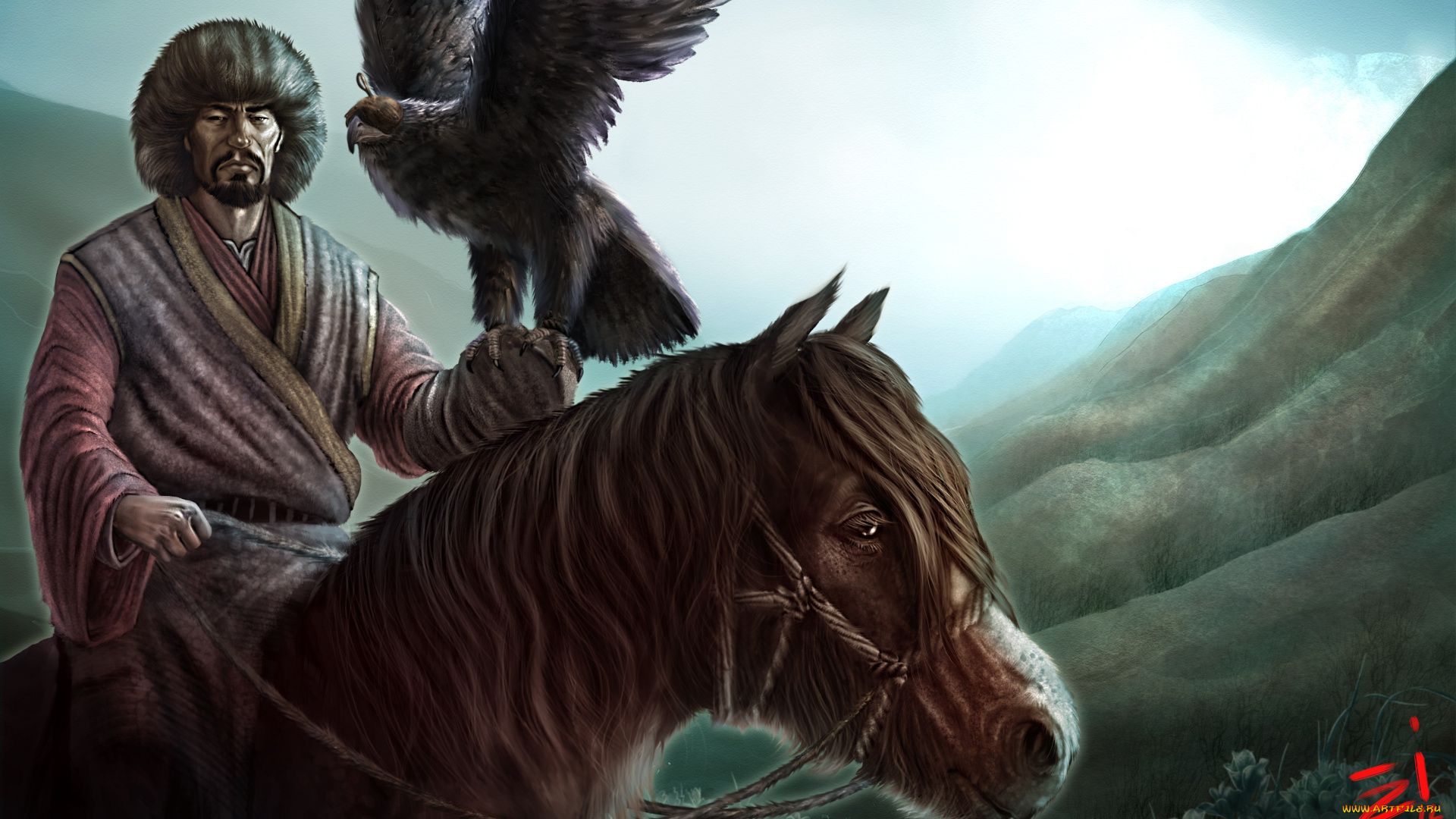 фэнтези, люди, орел, лошадь, горы