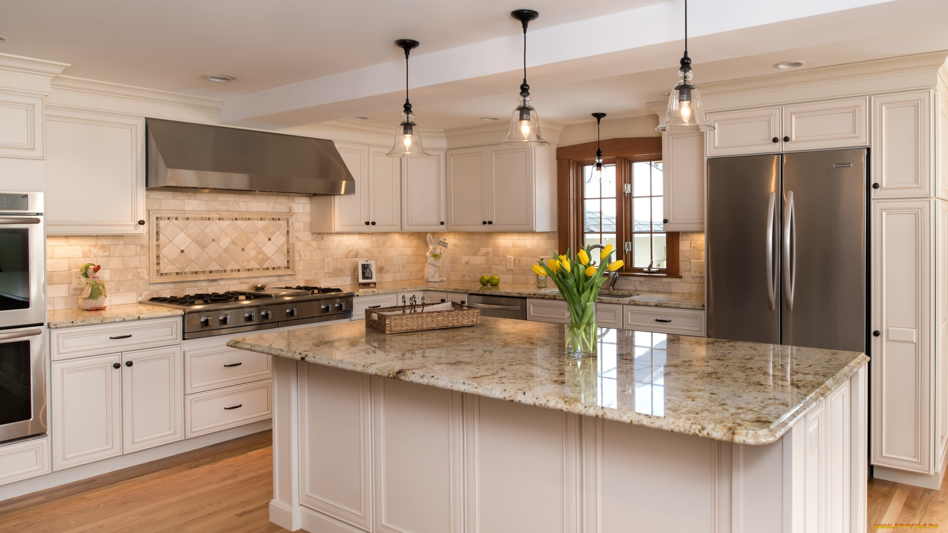 интерьер, кухня, плита, тюльпаны, остров, холодильник