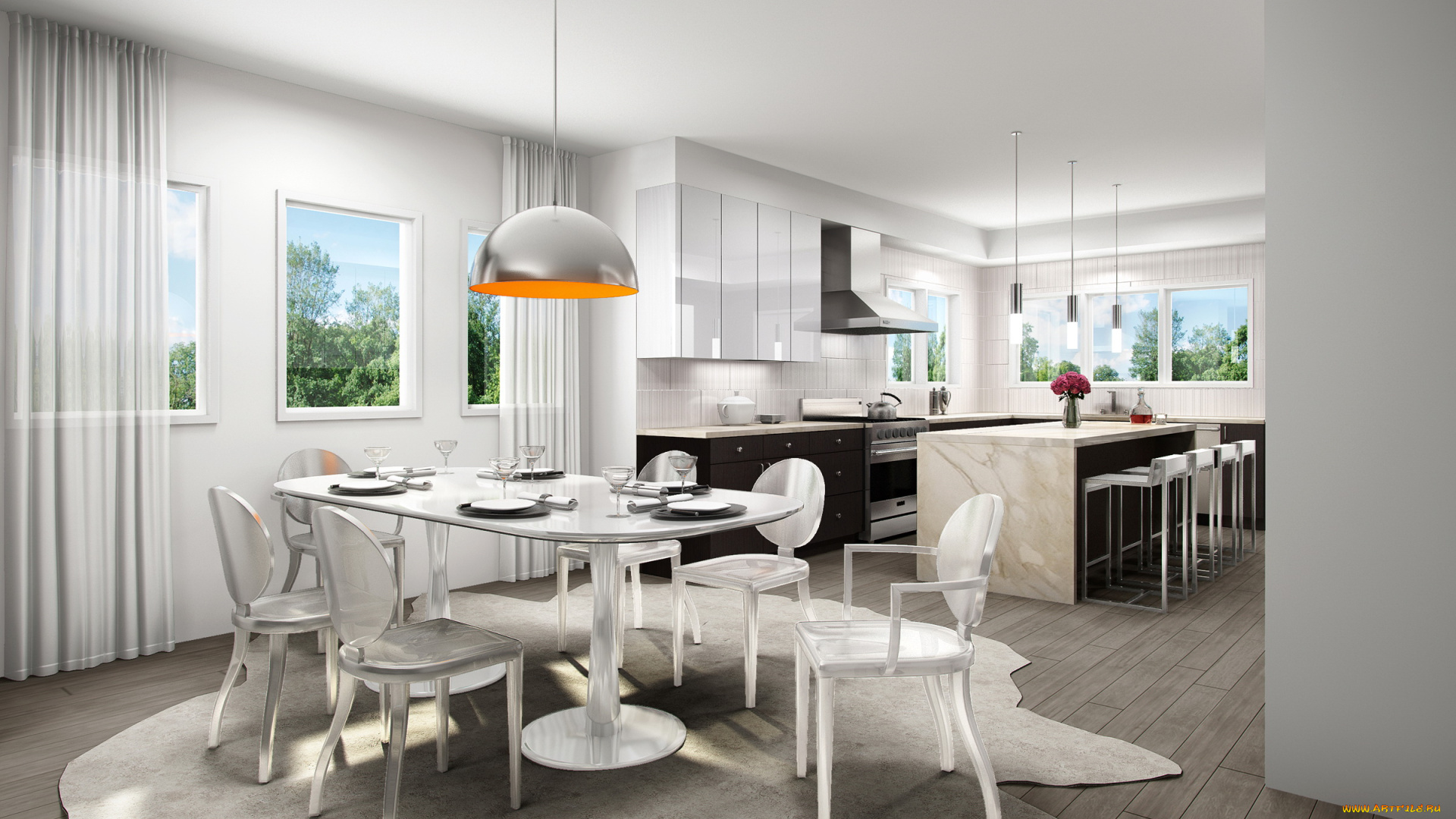 3д, графика, реализм, , realism, кухня, стулья, стол, дизайн, столовая