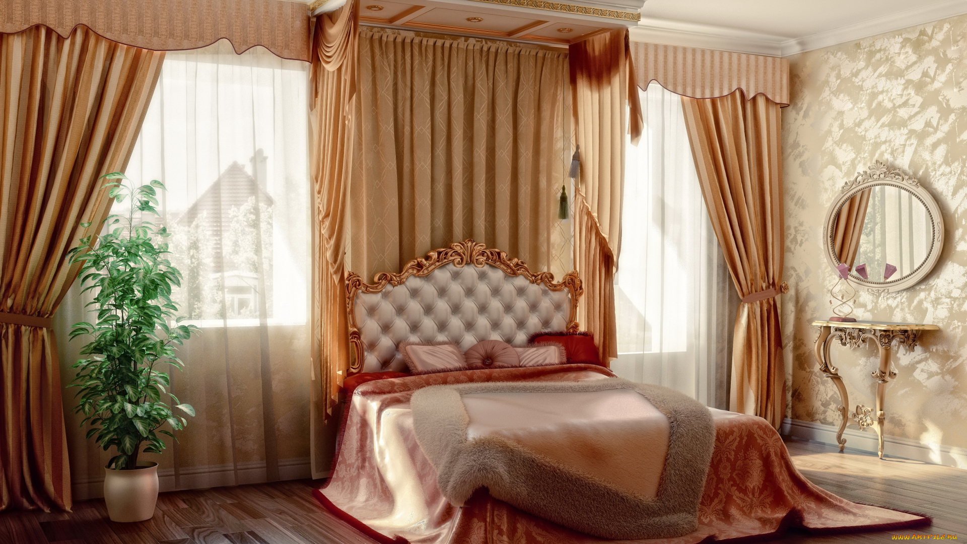 3д, графика, реализм, , realism, шторы, окно, спальня, дизайн, кровать