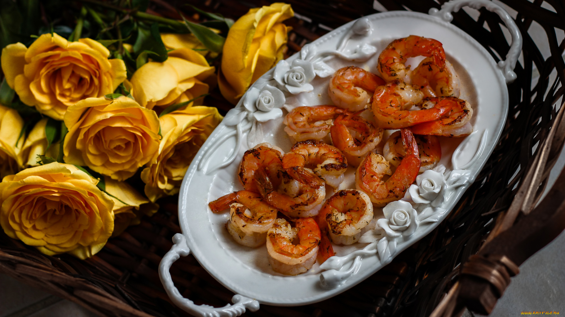 еда, рыбные, блюда, , с, морепродуктами, креветки, цветы, розы, морепродукты, рыба