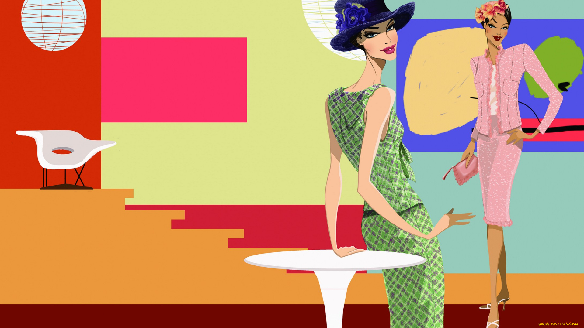 векторная, графика, девушки, улыбки, взгляд