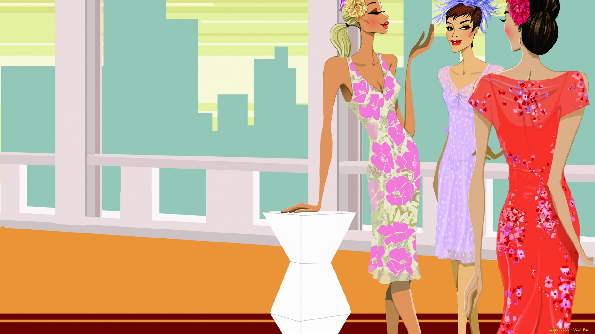 векторная, графика, девушки, взгляд