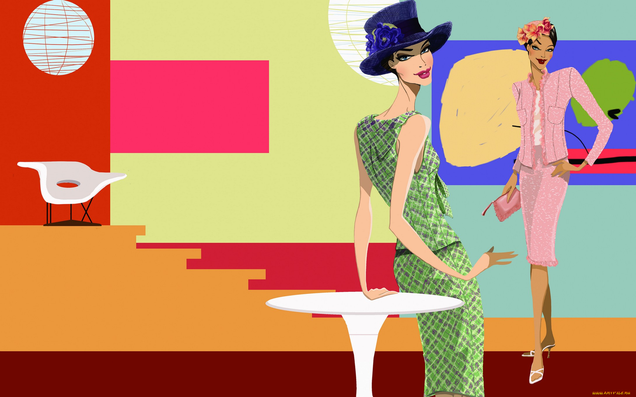 векторная, графика, девушки, улыбки, взгляд