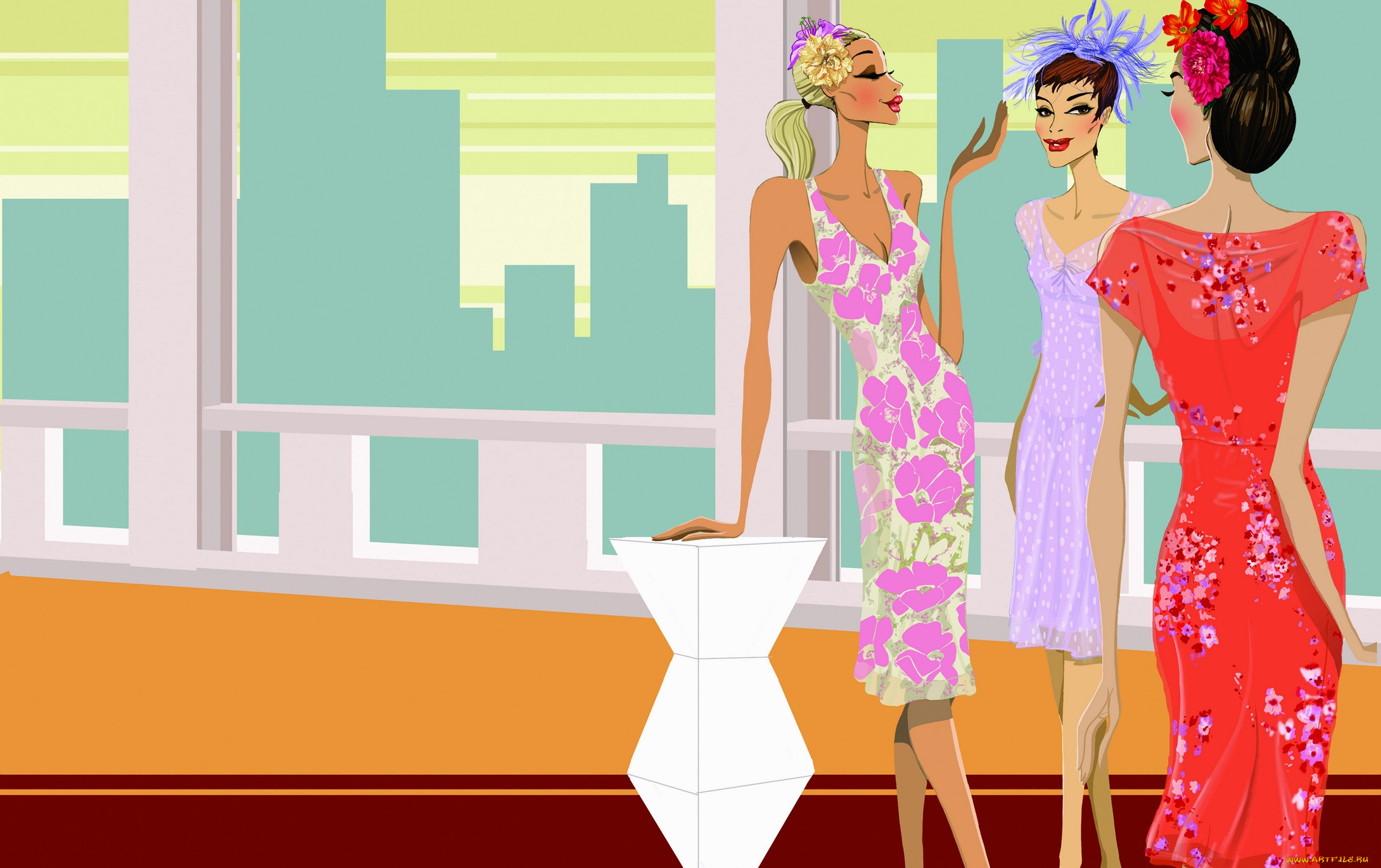 векторная, графика, девушки, взгляд