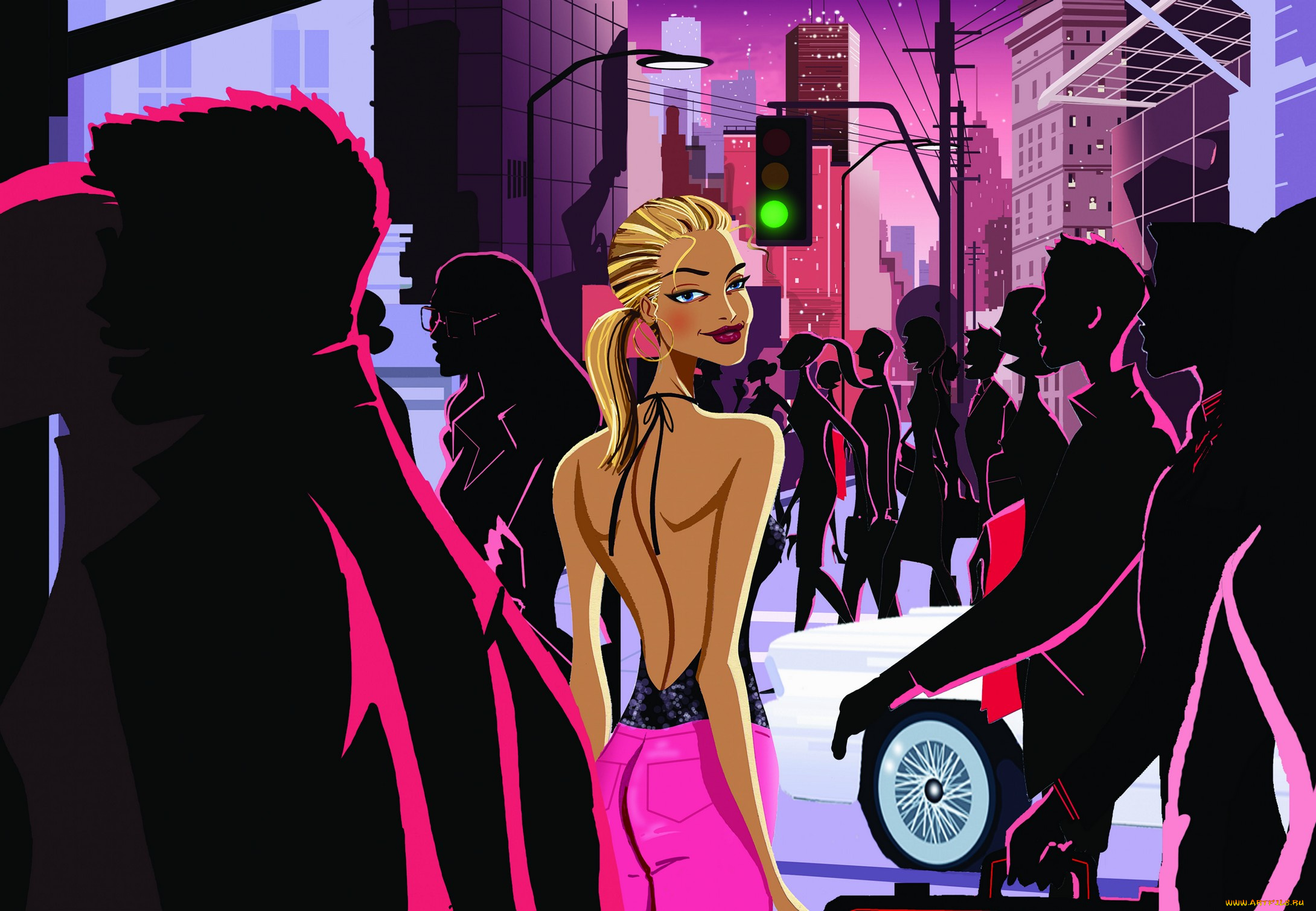 векторная, графика, девушки, город, взгляд, девушка