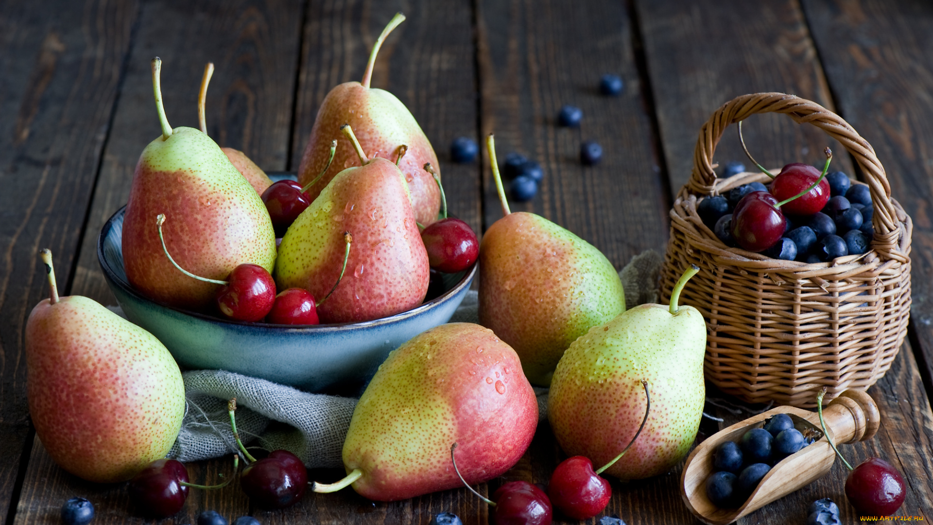 еда, фрукты, , ягоды, миска, корзинка, вместе, ягоды, груши