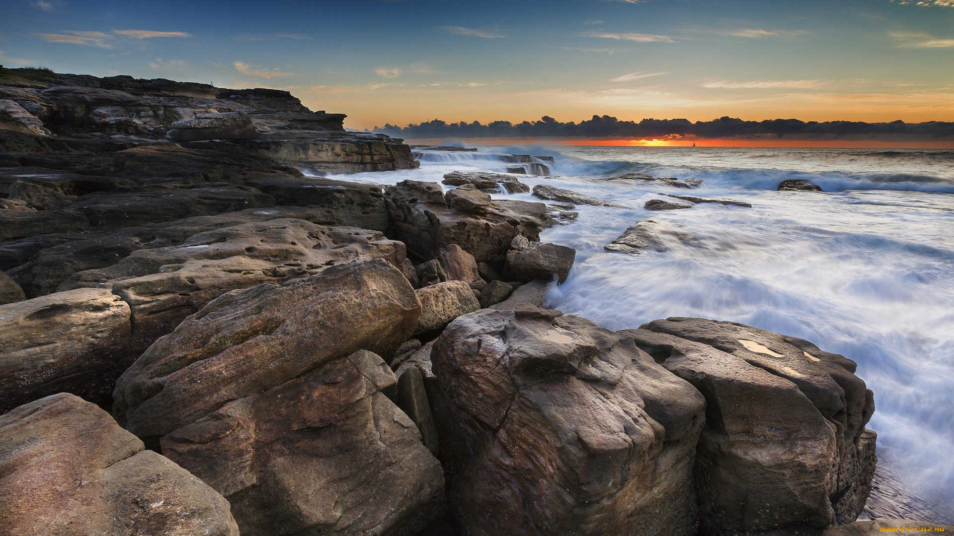 природа, побережье, берег, рассвет, скалы, океан