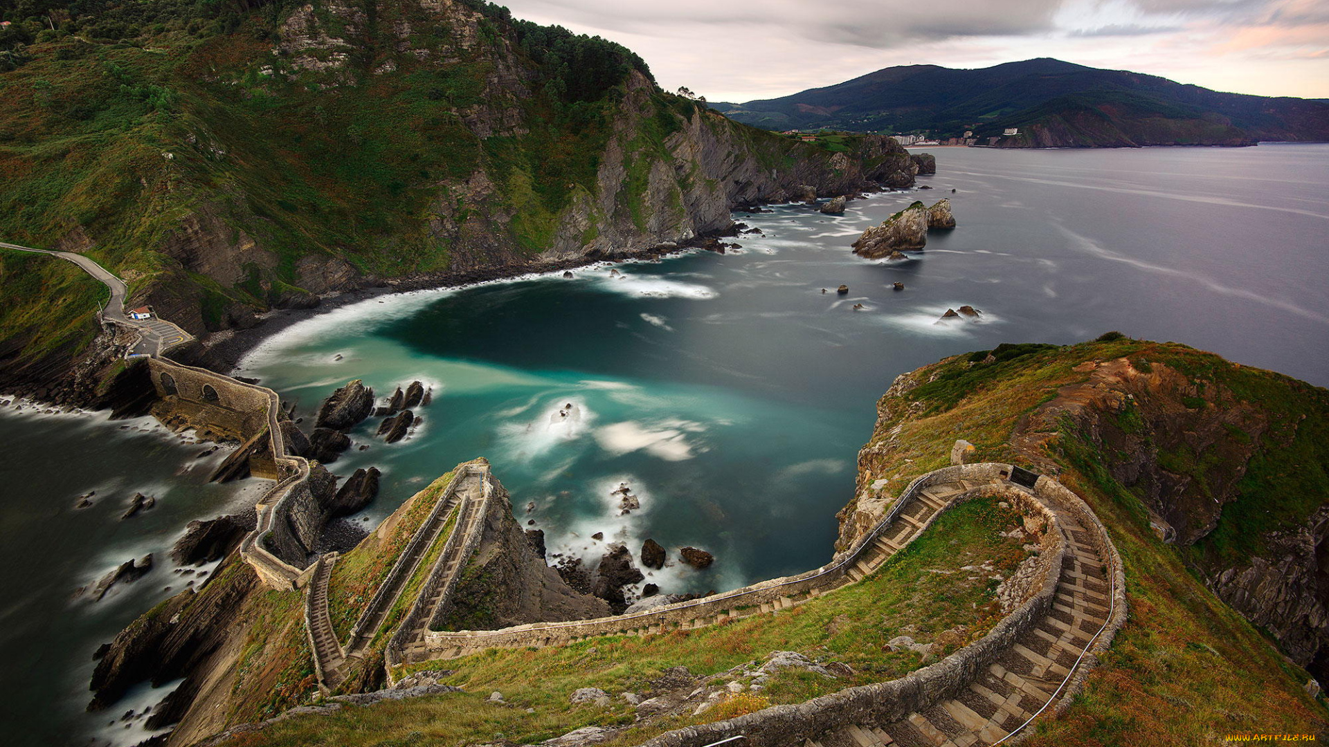 природа, побережье, дорога, мост, море, горы