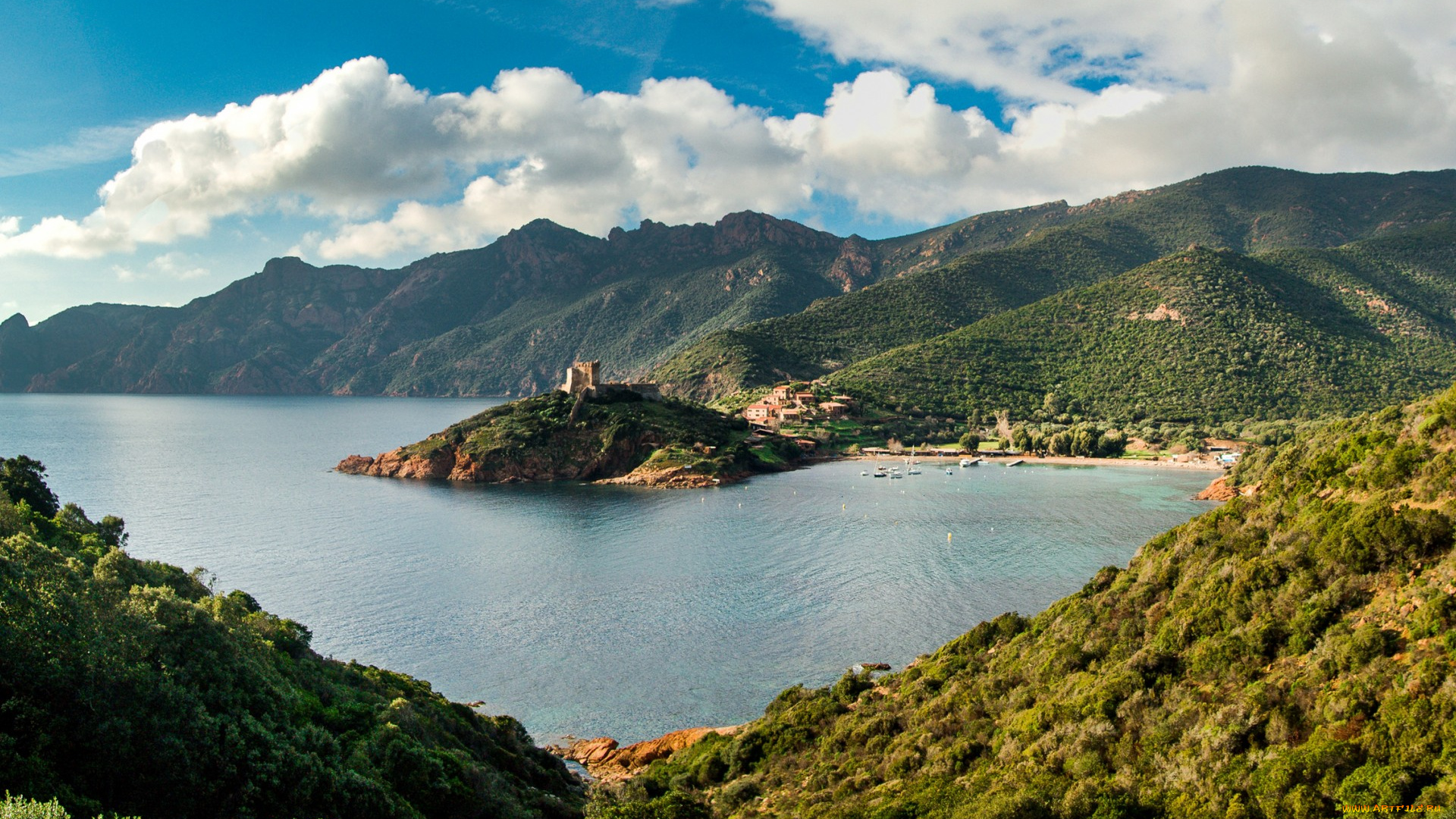 природа, побережье, море, бухта, corsica, франция, горы, облака