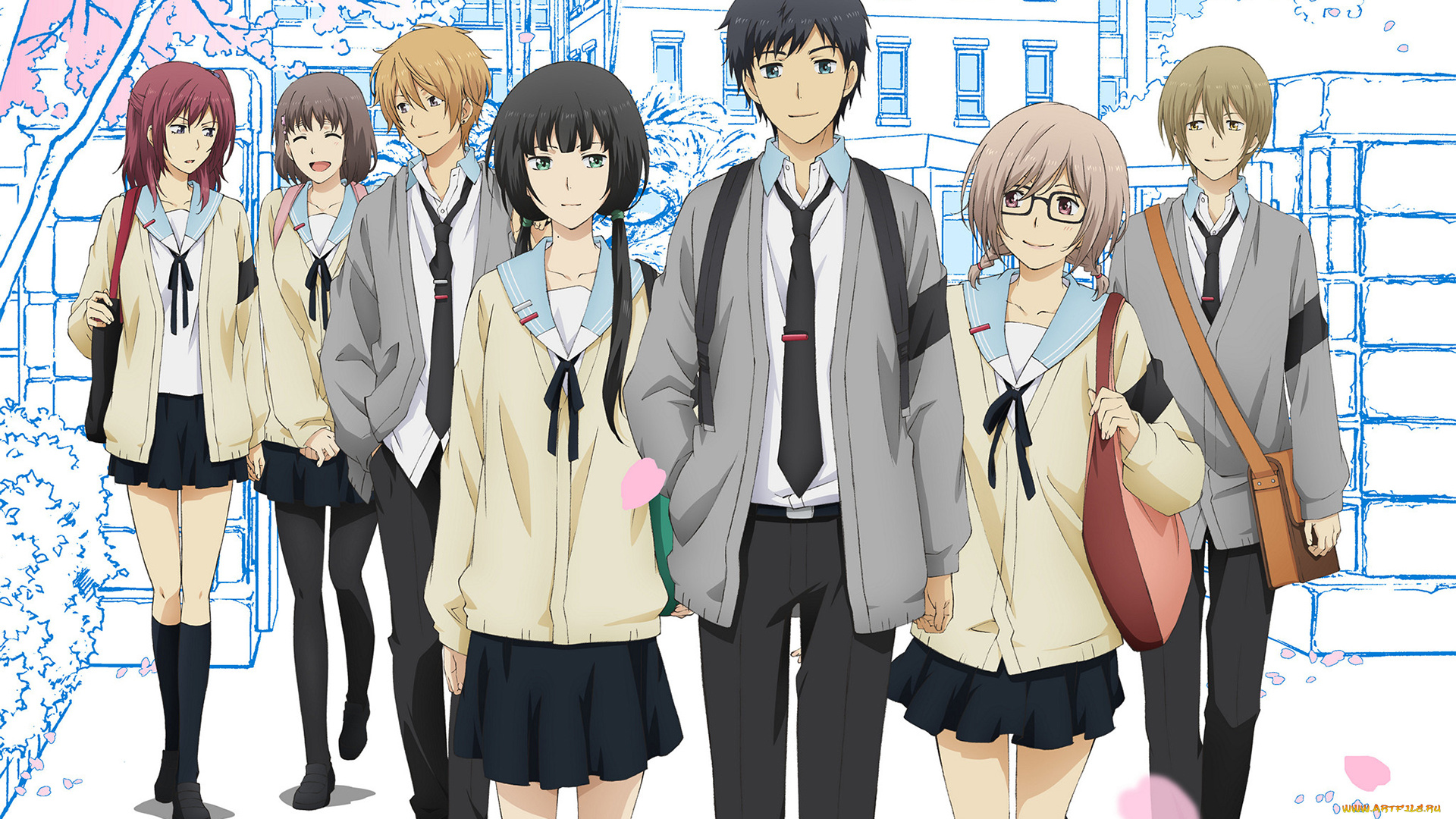 relife, аниме, взгляд, фон, девушки, парни