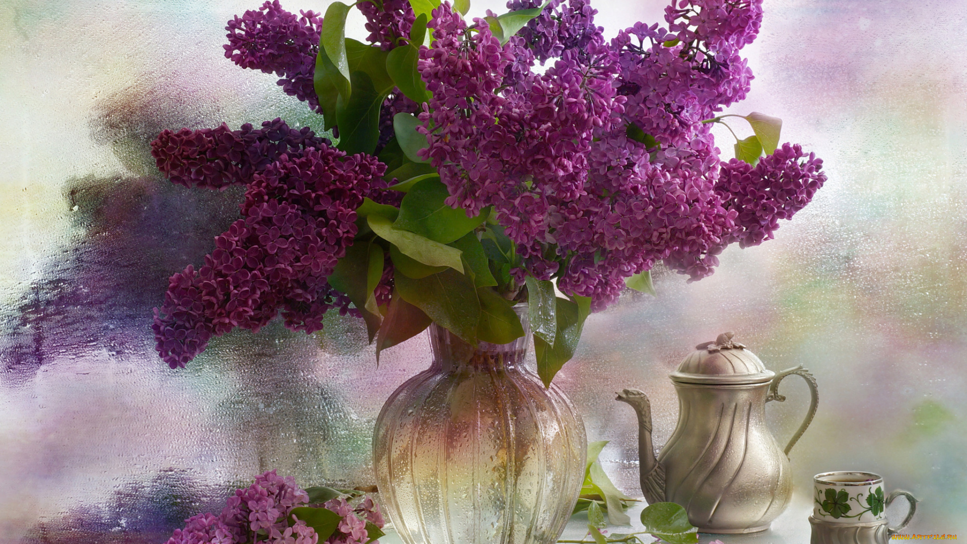 цветы, сирень, чайник, лимон, ваза, ветки