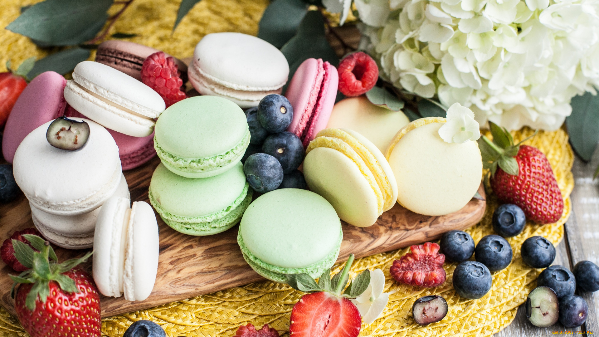 еда, макаруны, пирожное, сладость, цветок, ягоды