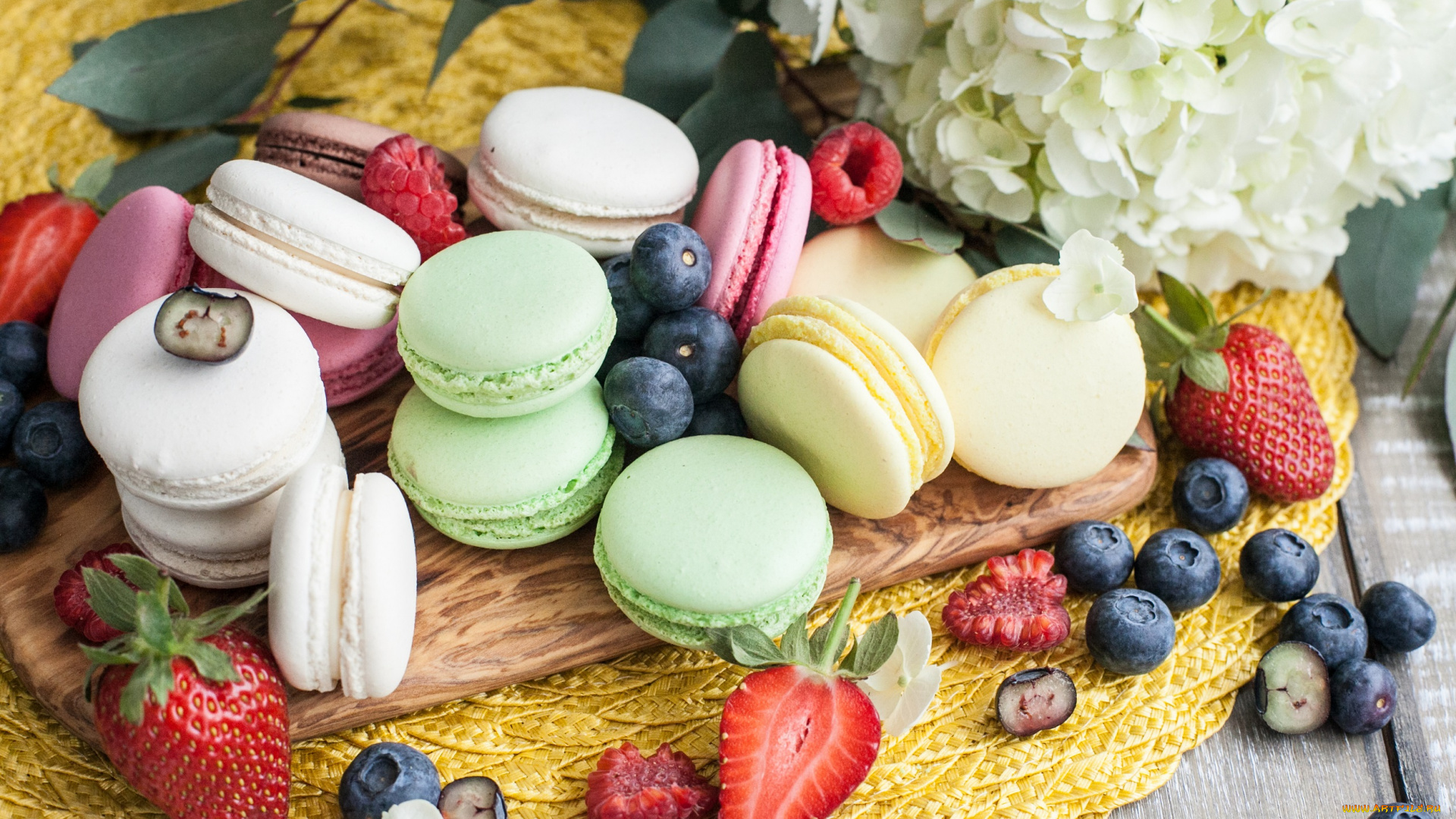 еда, макаруны, пирожное, сладость, цветок, ягоды