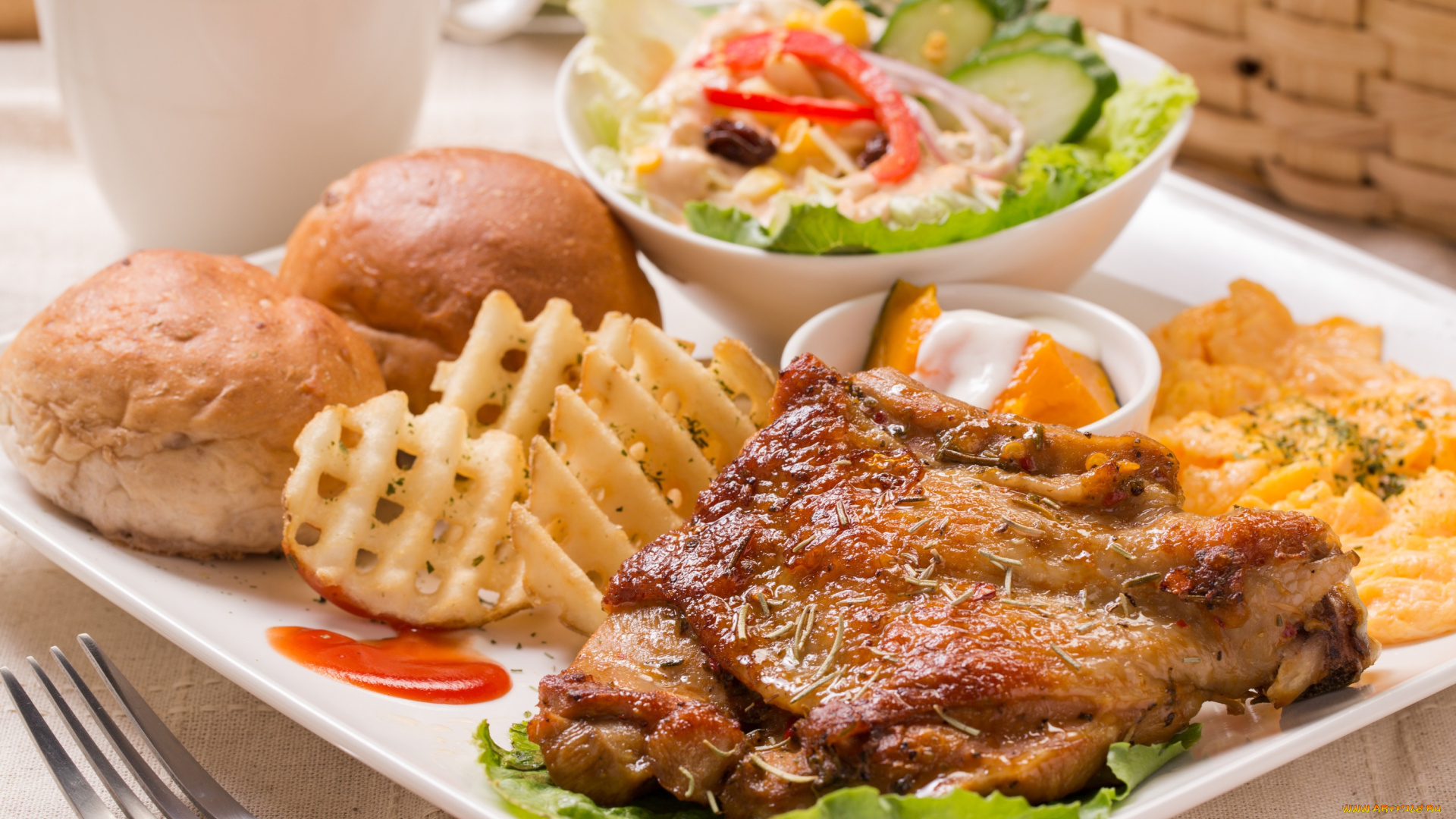 еда, мясные, блюда, завтрак, картофель, булочки, салат, мясо