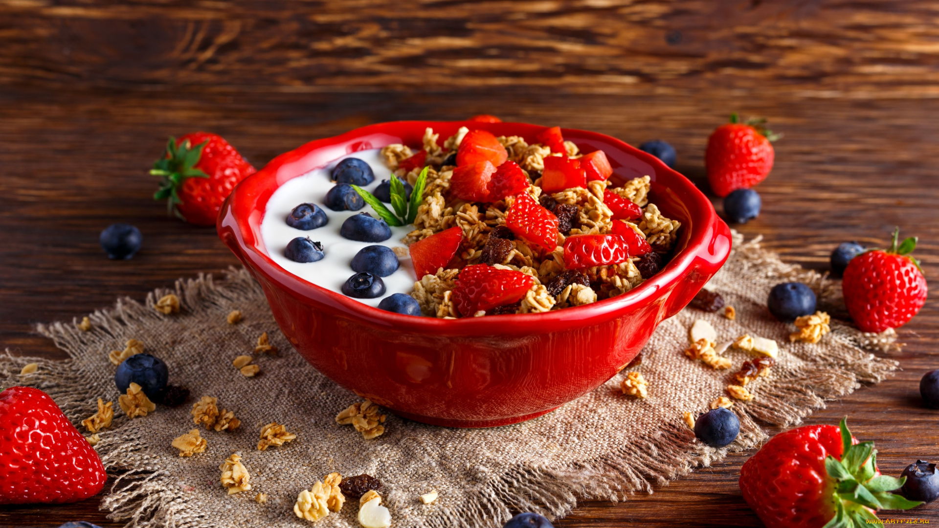 еда, мюсли, , хлопья, завтрак, клубника, ягоды, черника, йогурт, овсянка