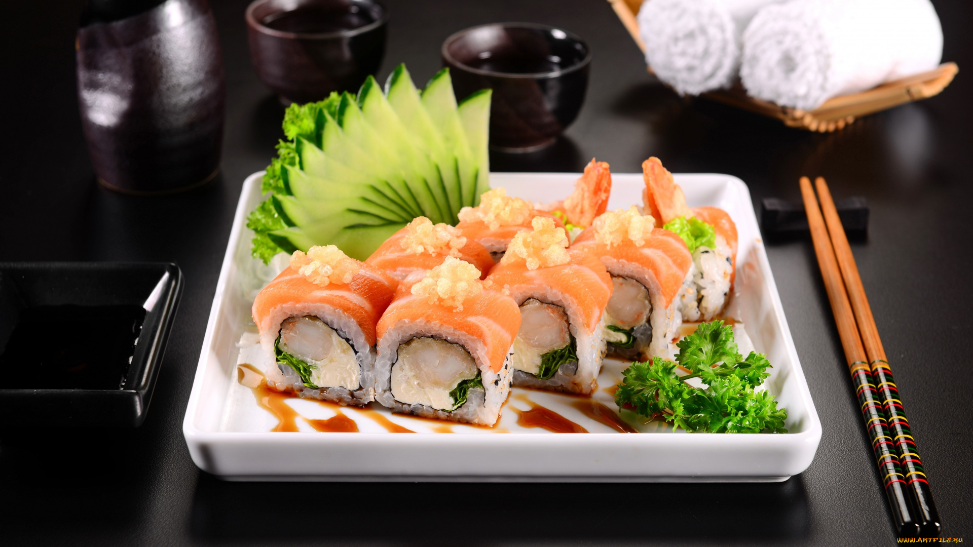 еда, рыба, , морепродукты, , суши, , роллы, огурец, seafood, fish, соус, sushi, japanese, фон, Японская, кухня, background, морепродукты, сервировка, зелень, вкусно, роллы, food, палочки