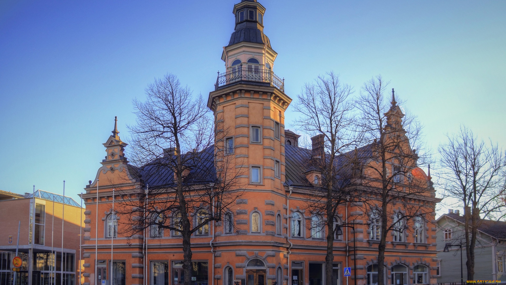 финляндия, города, -, здания, , дома, деревья, дорога