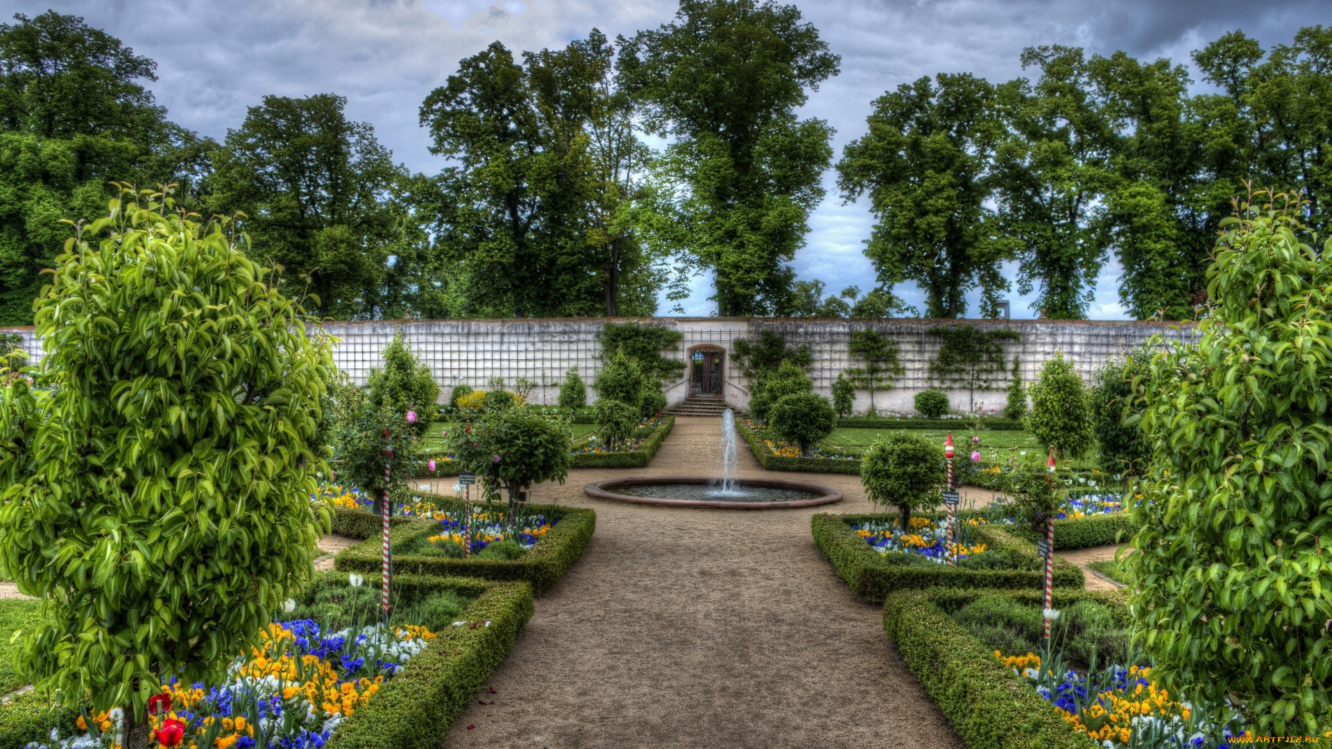 германия, природа, парк, фонтан, деревья, цветы, кустарники