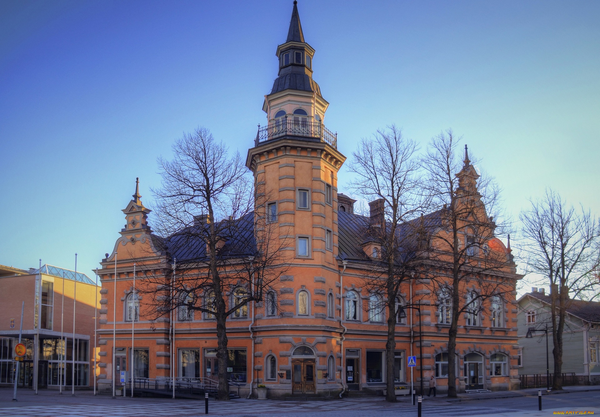 финляндия, города, -, здания, , дома, деревья, дорога