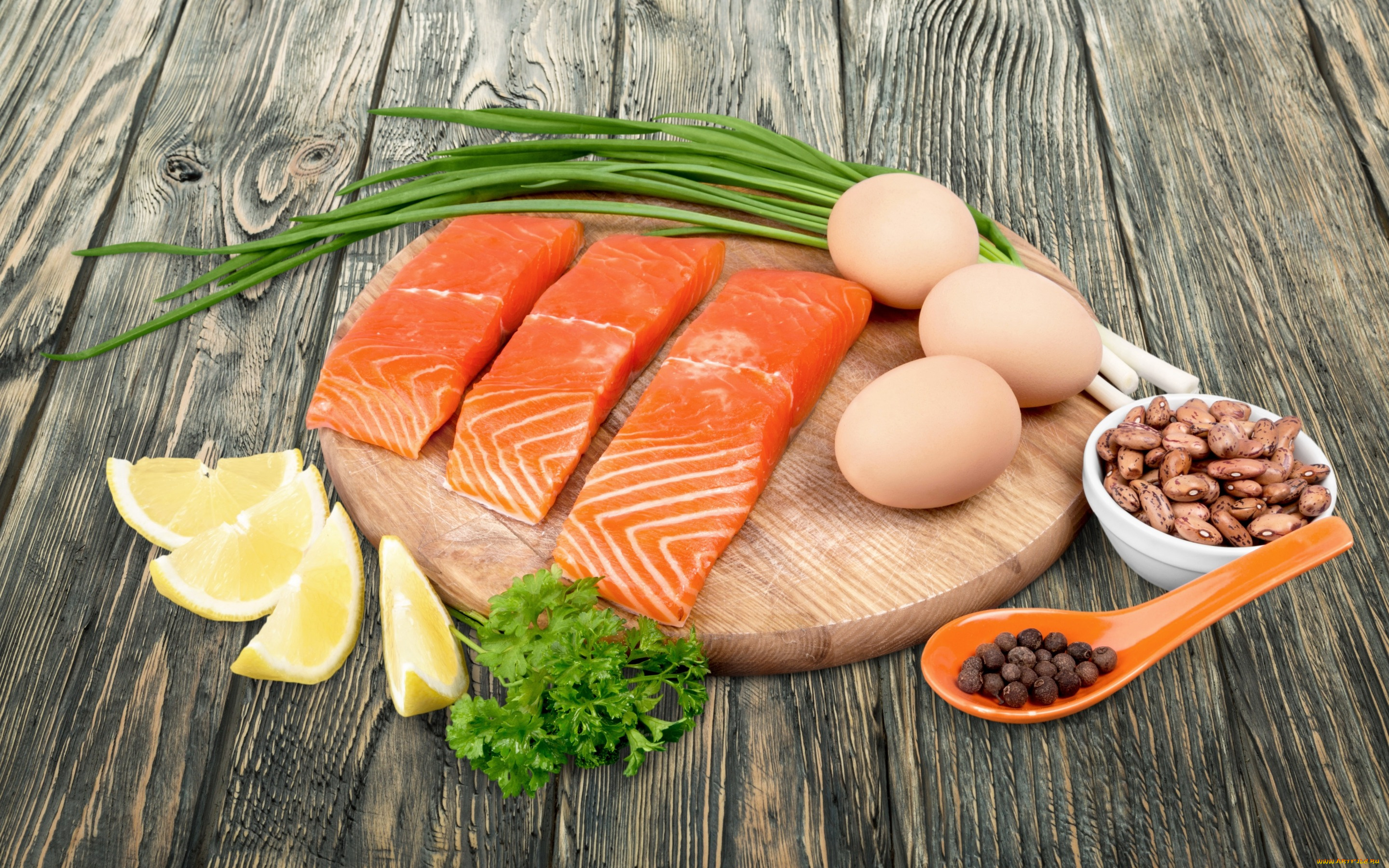 еда, разное, лимон, яйца, рыба