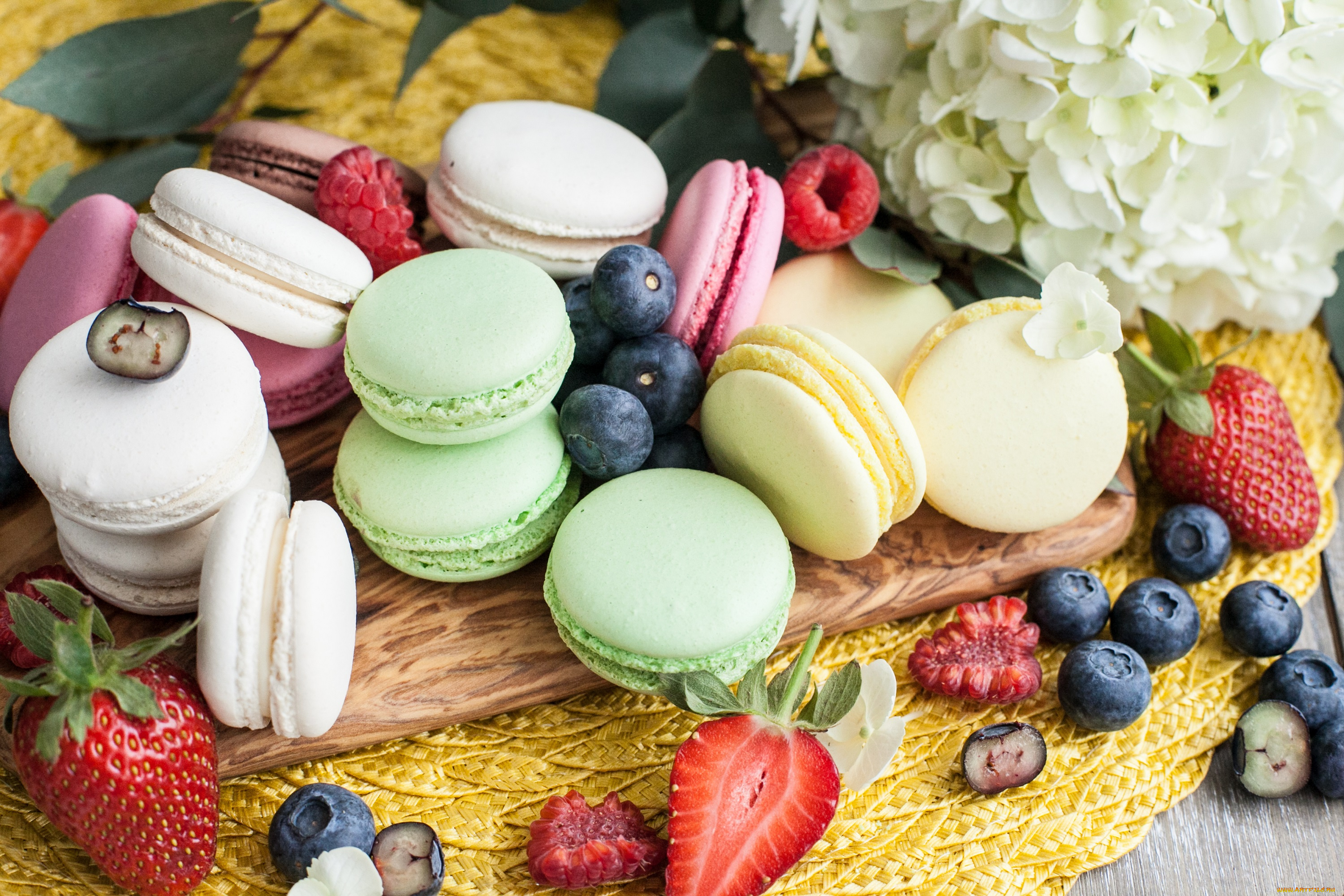 еда, макаруны, пирожное, сладость, цветок, ягоды