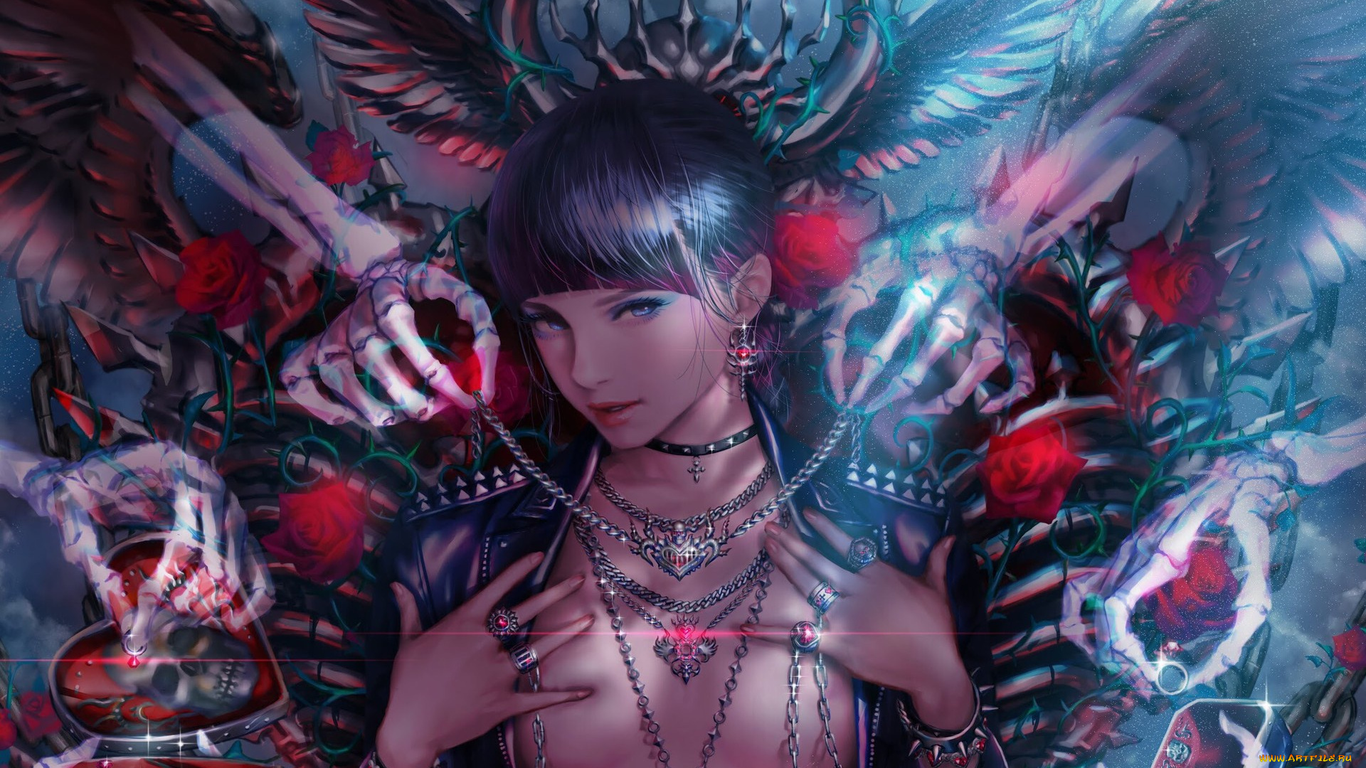 фэнтези, красавицы, и, чудовища, цветы, взгляд, скелет, цепи, арт, розы, череп, эротика, девушка, грудь