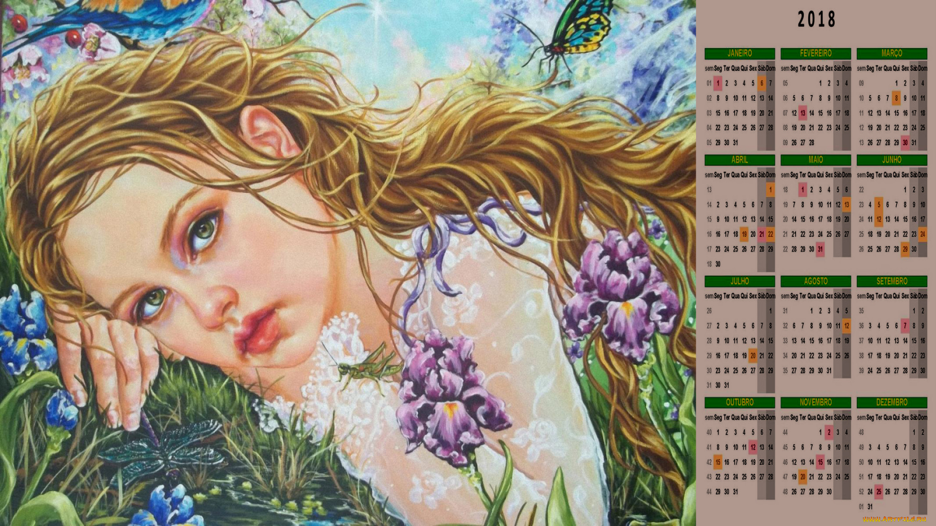 календари, рисованные, , векторная, графика, взгляд, цветы, бабочка, человек