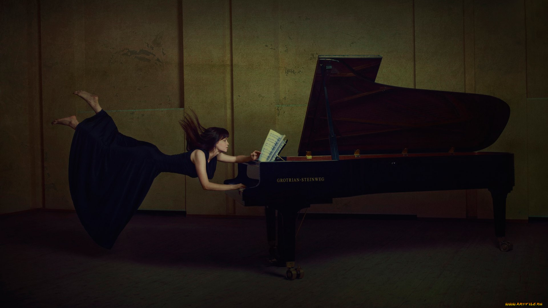 музыка, -другое, девушка, ноты, рояль, полет