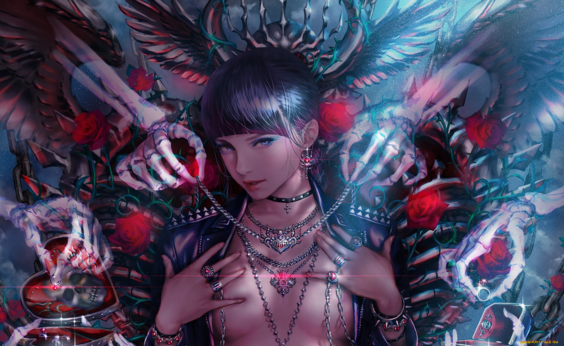 фэнтези, красавицы, и, чудовища, цветы, взгляд, скелет, цепи, арт, розы, череп, эротика, девушка, грудь