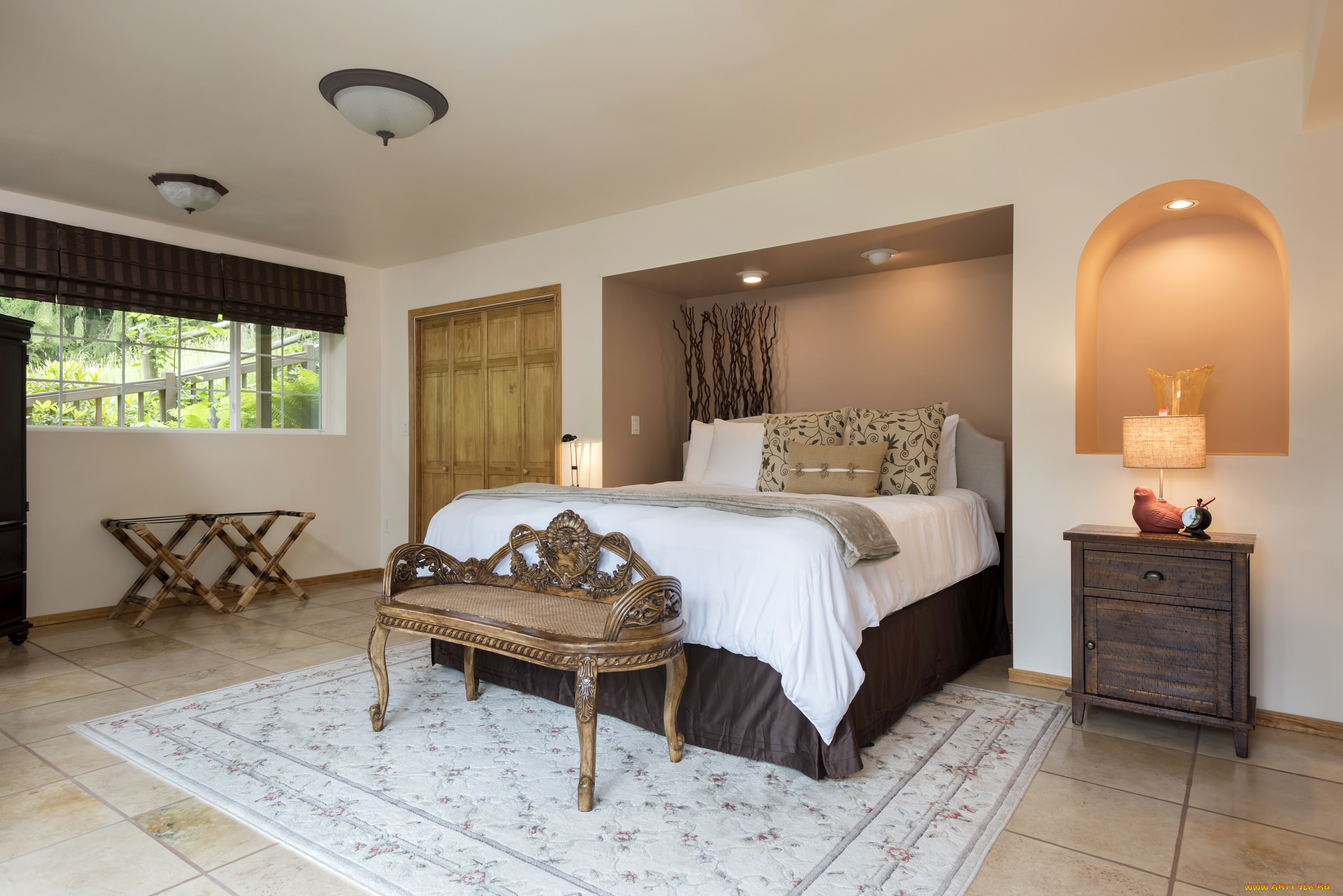 интерьер, спальня, дизайн, кровать, декор, комод, ниша